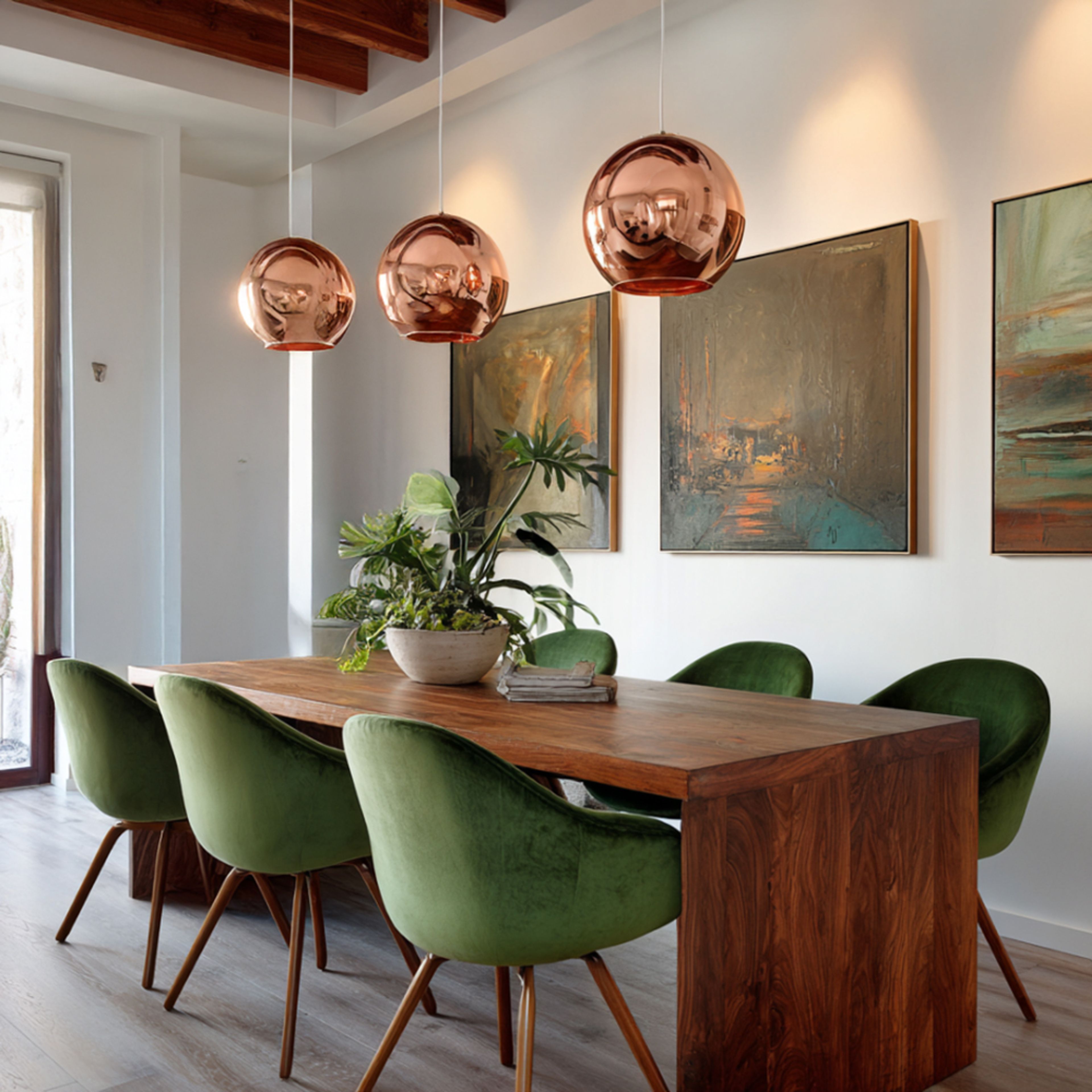 Dining Room Design with Hardwood Table and Velvet Seating