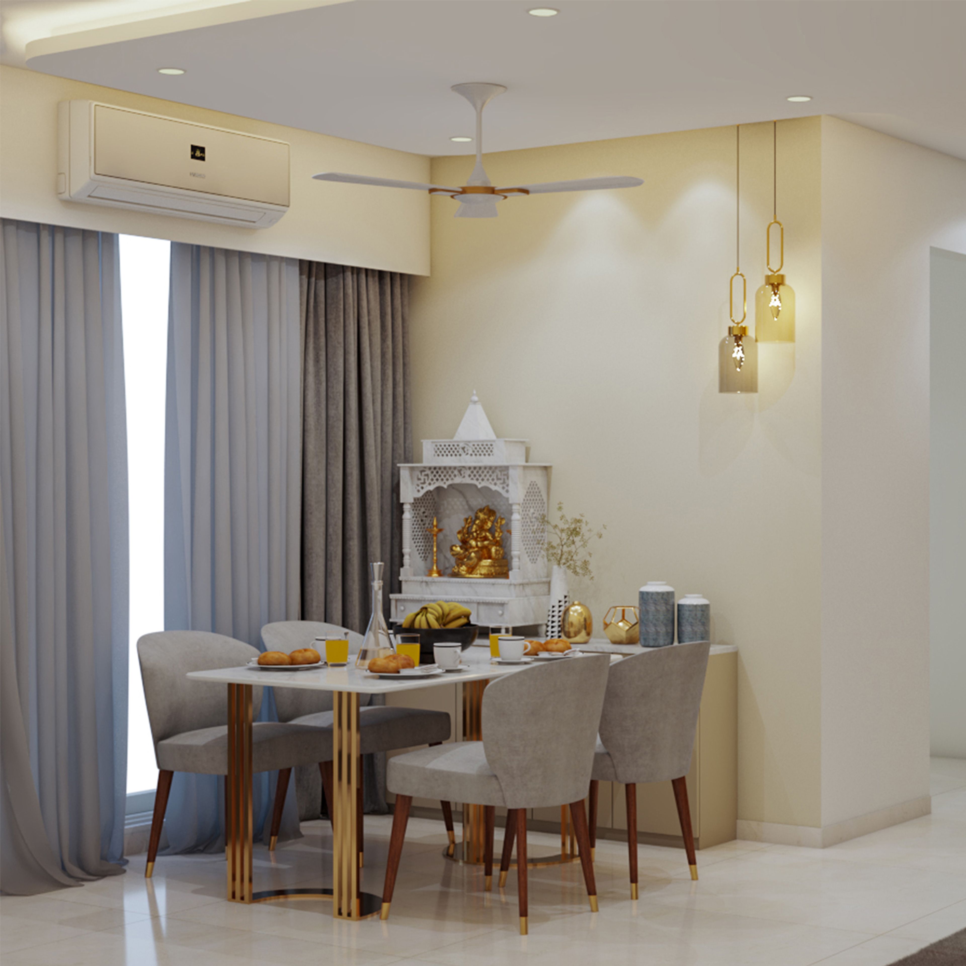 Dining Room Design with Storage Wall Display and Marble Dining Table Setup