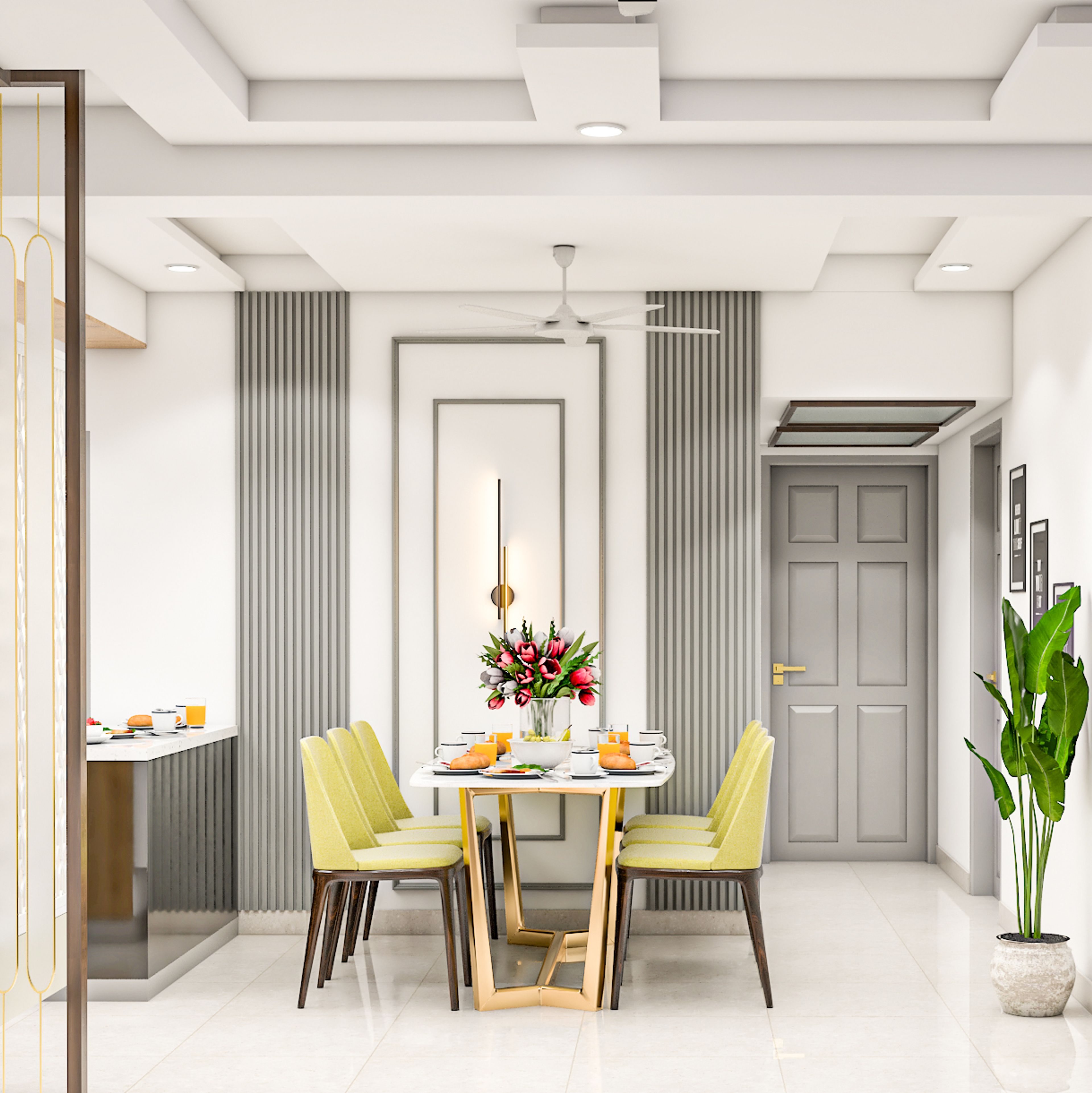 Dining room with lime-green chairs, vertical wall panels, and decorative plants