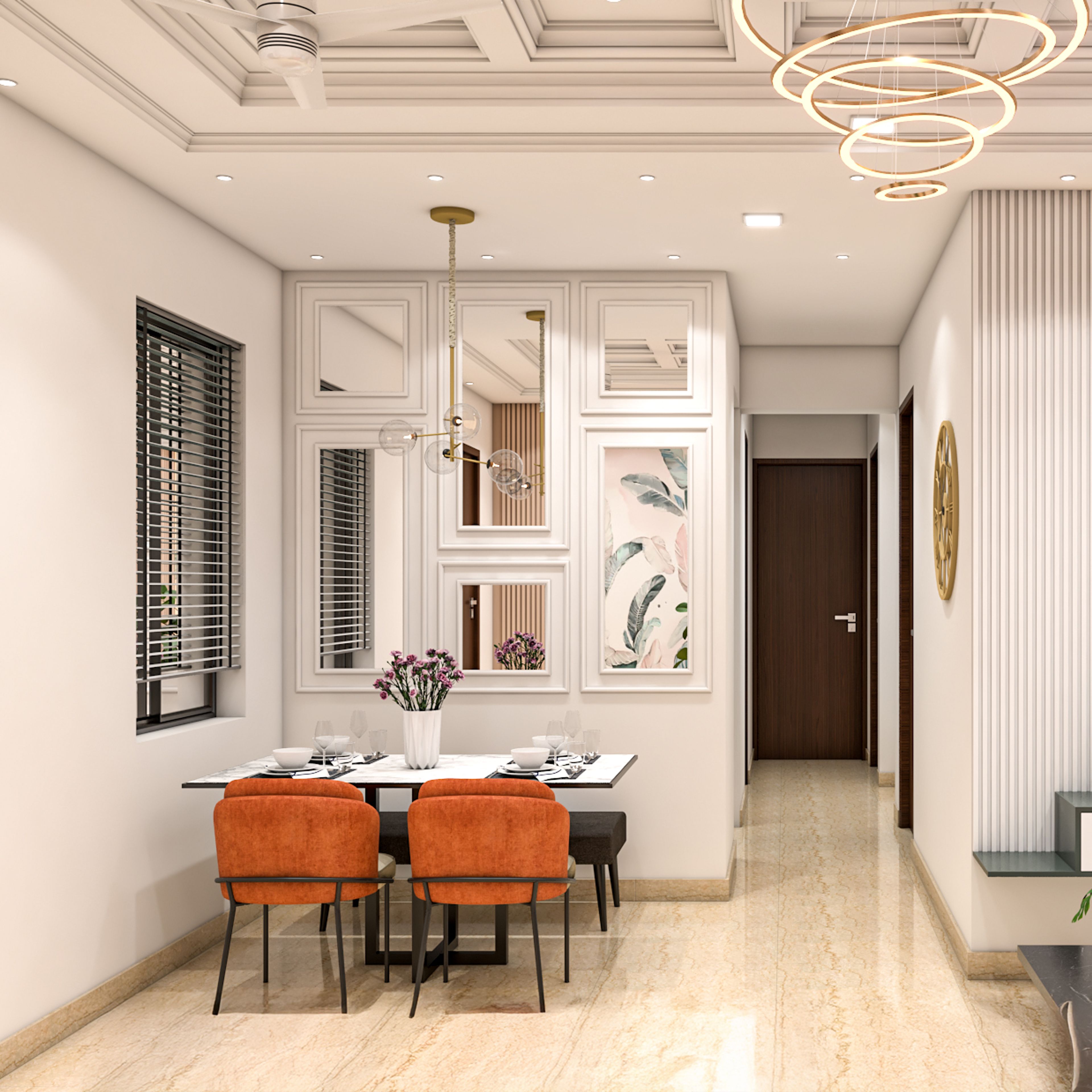 Dining room with orange chairs, wall mirrors, and marble flooring