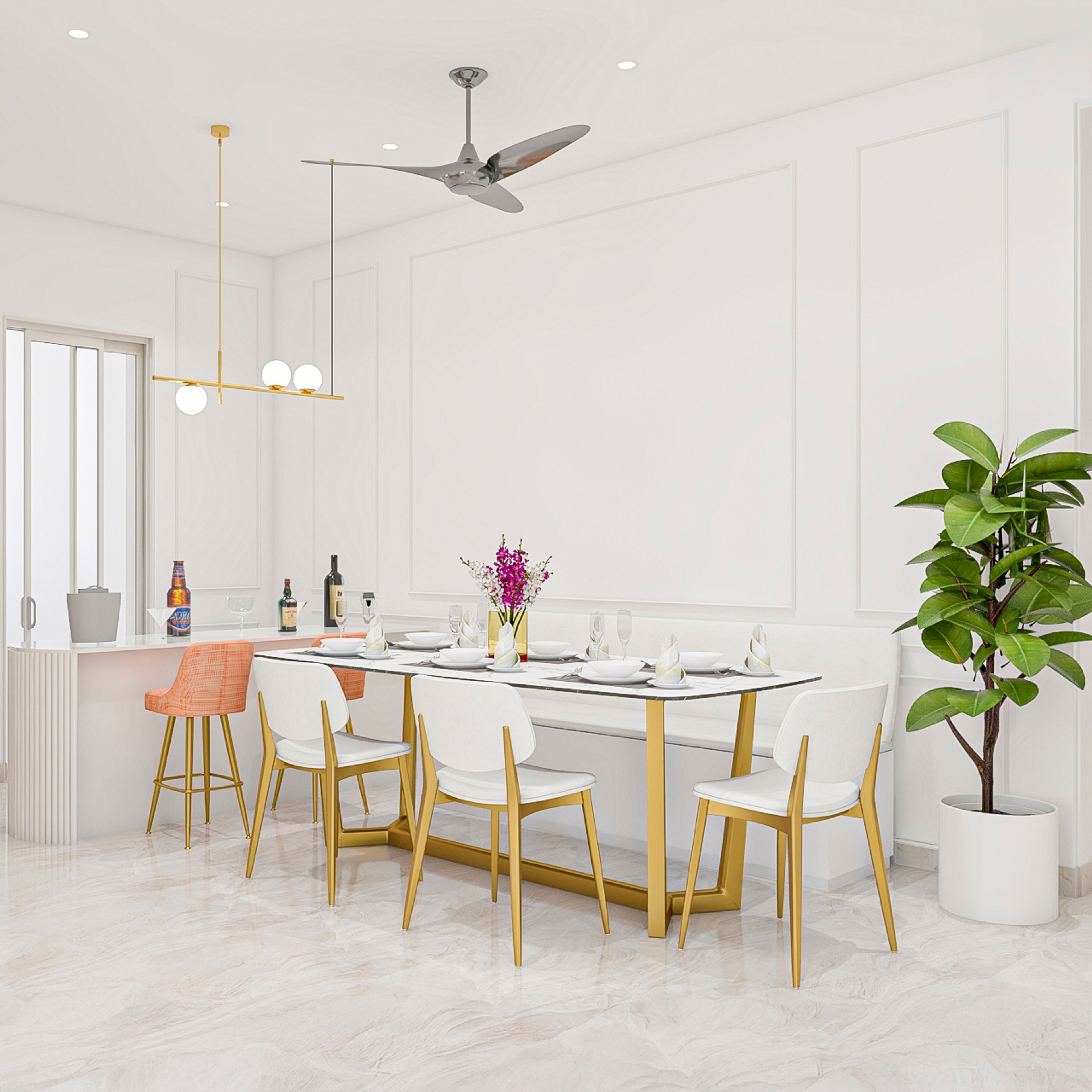 White dining room with golden furniture accents and sleek modern lighting