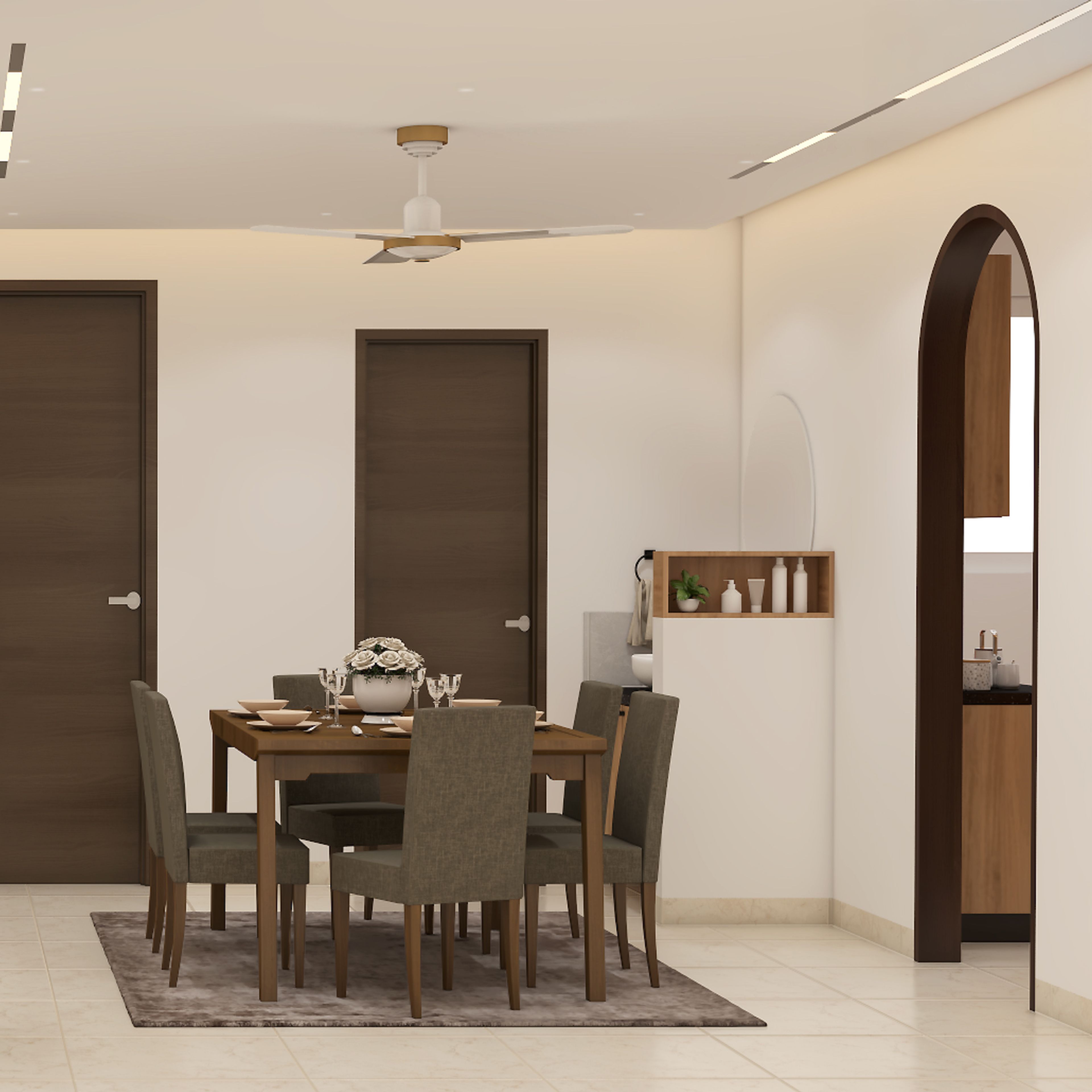 Dining room with wooden furniture and warm neutral tones