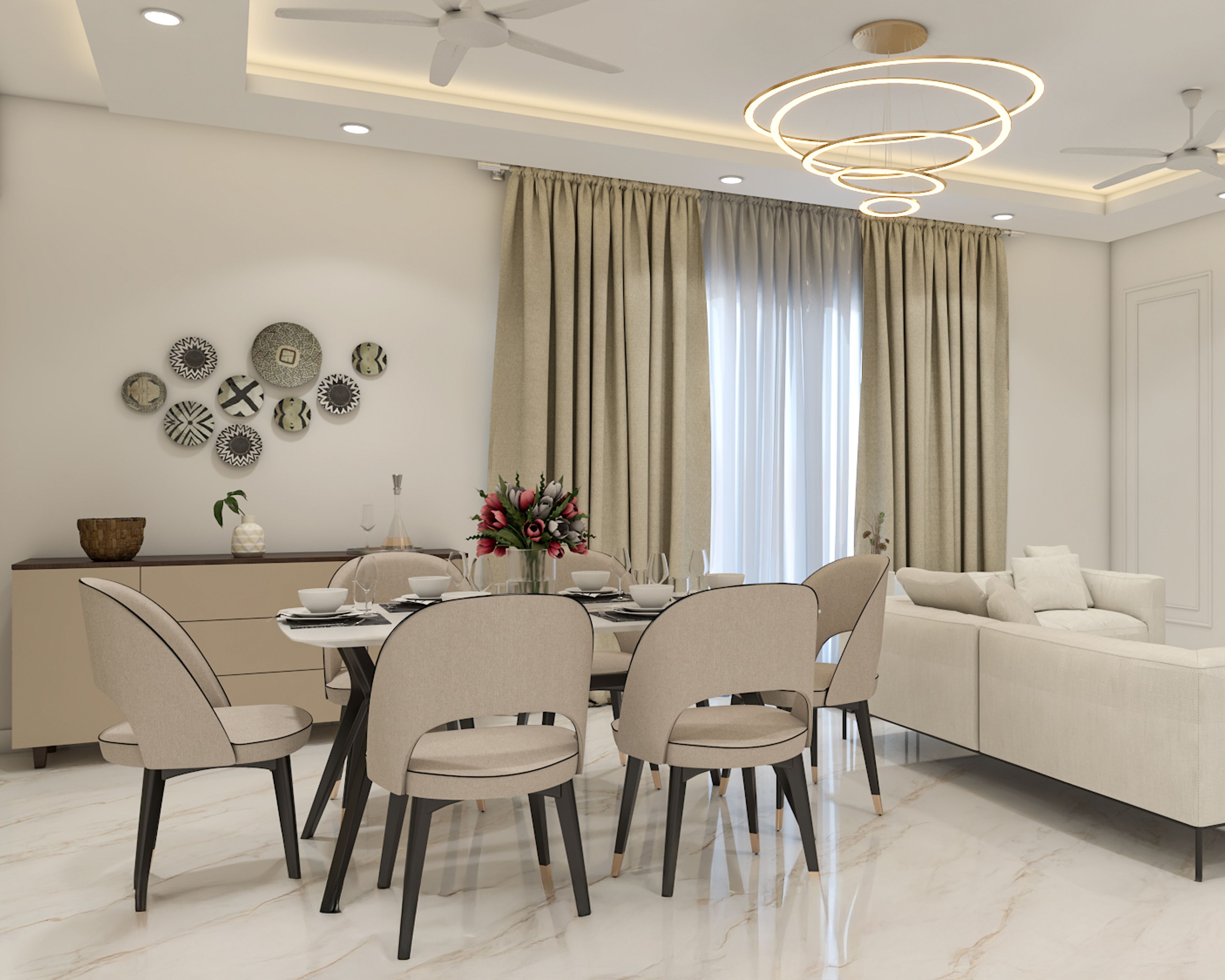 Spacious dining room with modern ceiling lights and neutral décor