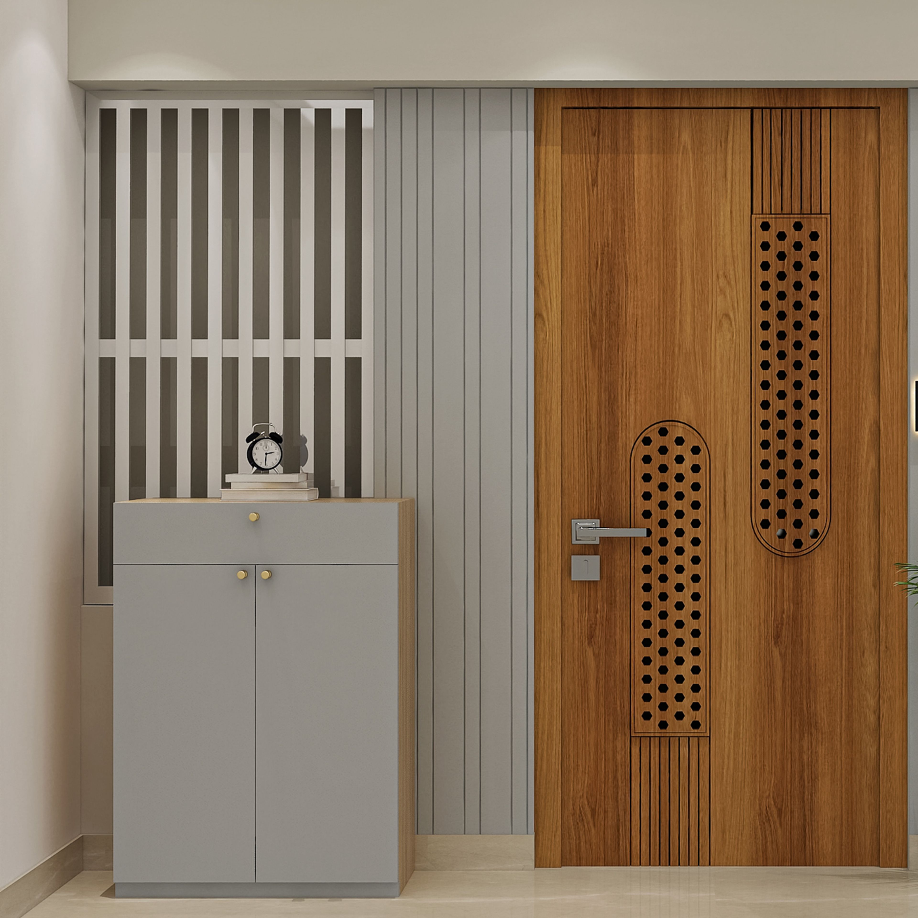Modern Foyer Design Featuring Wooden Door and Shoe Storage