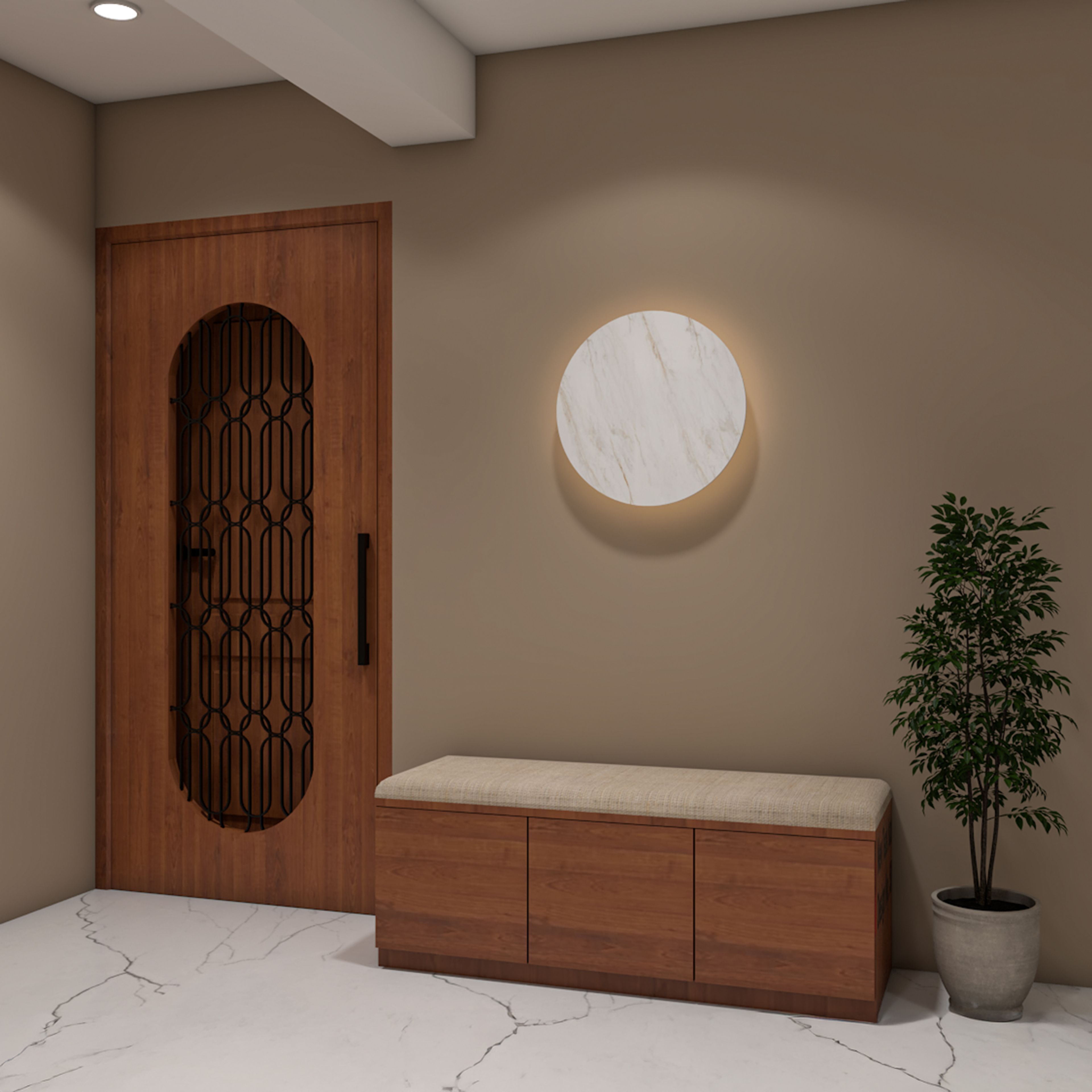 Contemporary Foyer Design with Storage Bench and Marble Wall Light