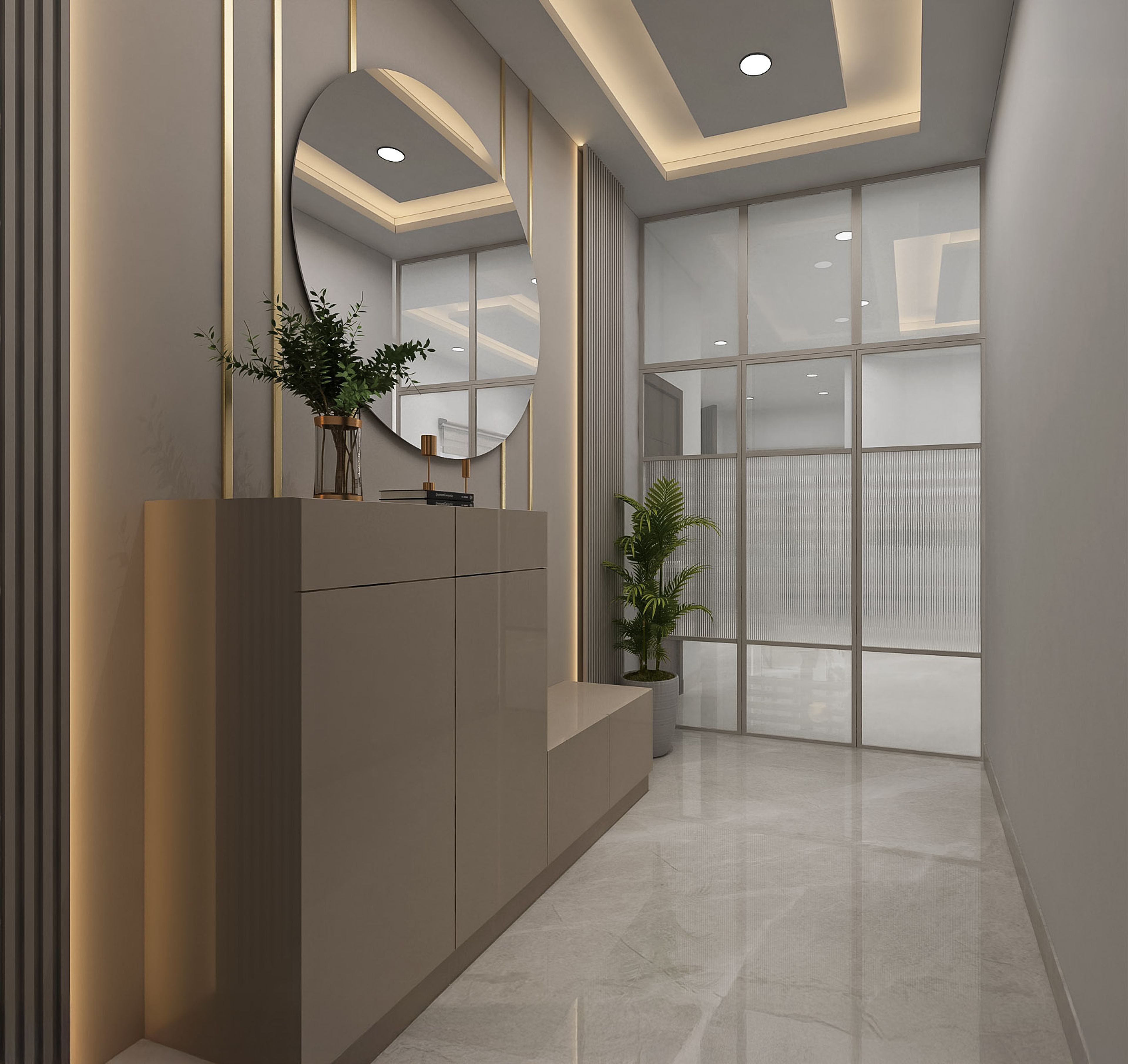 Contemporary Foyer Design with Grey Console and Large Storage Cabinet