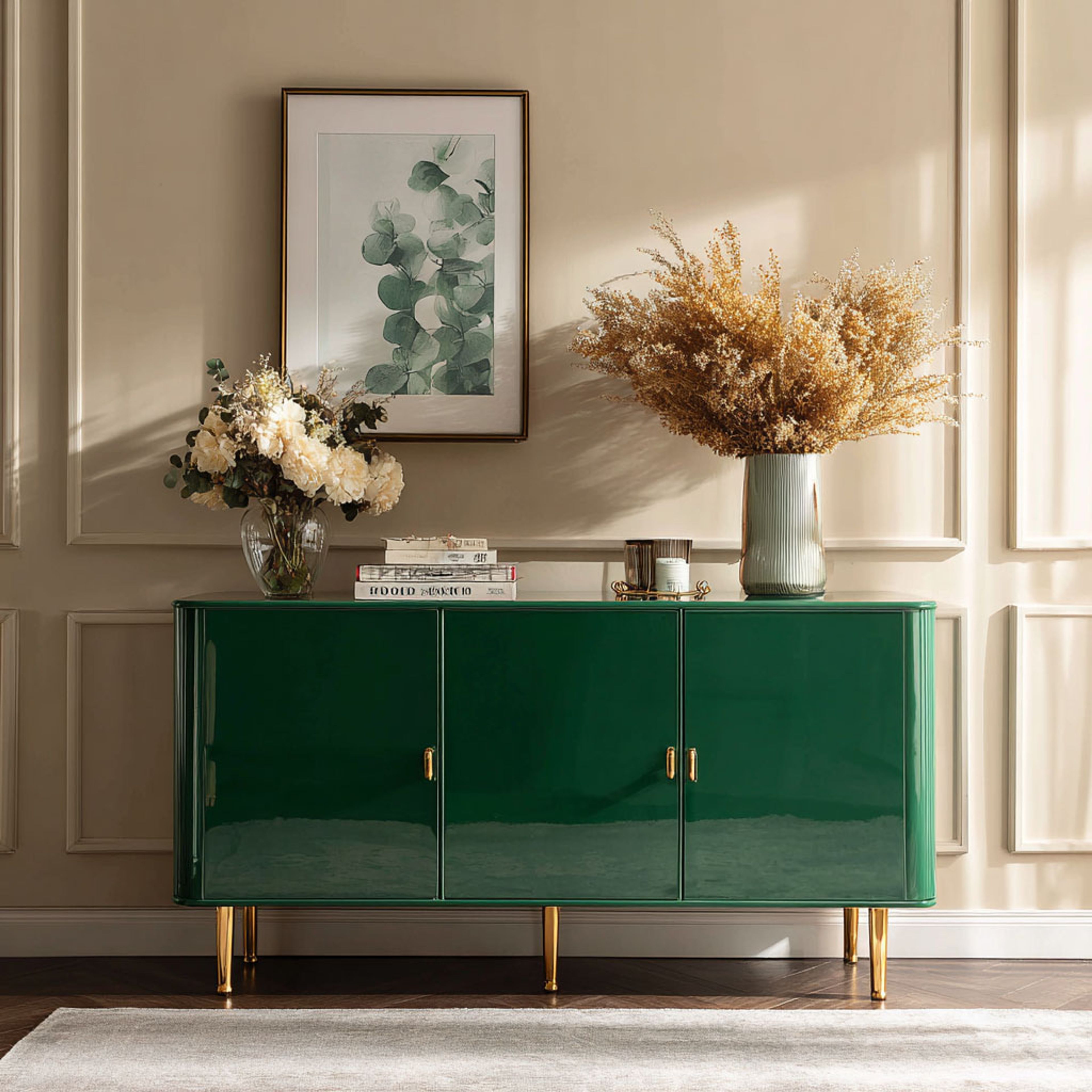 Modern Foyer Design Featuring Gold-Leg Console and Gloss Finish
