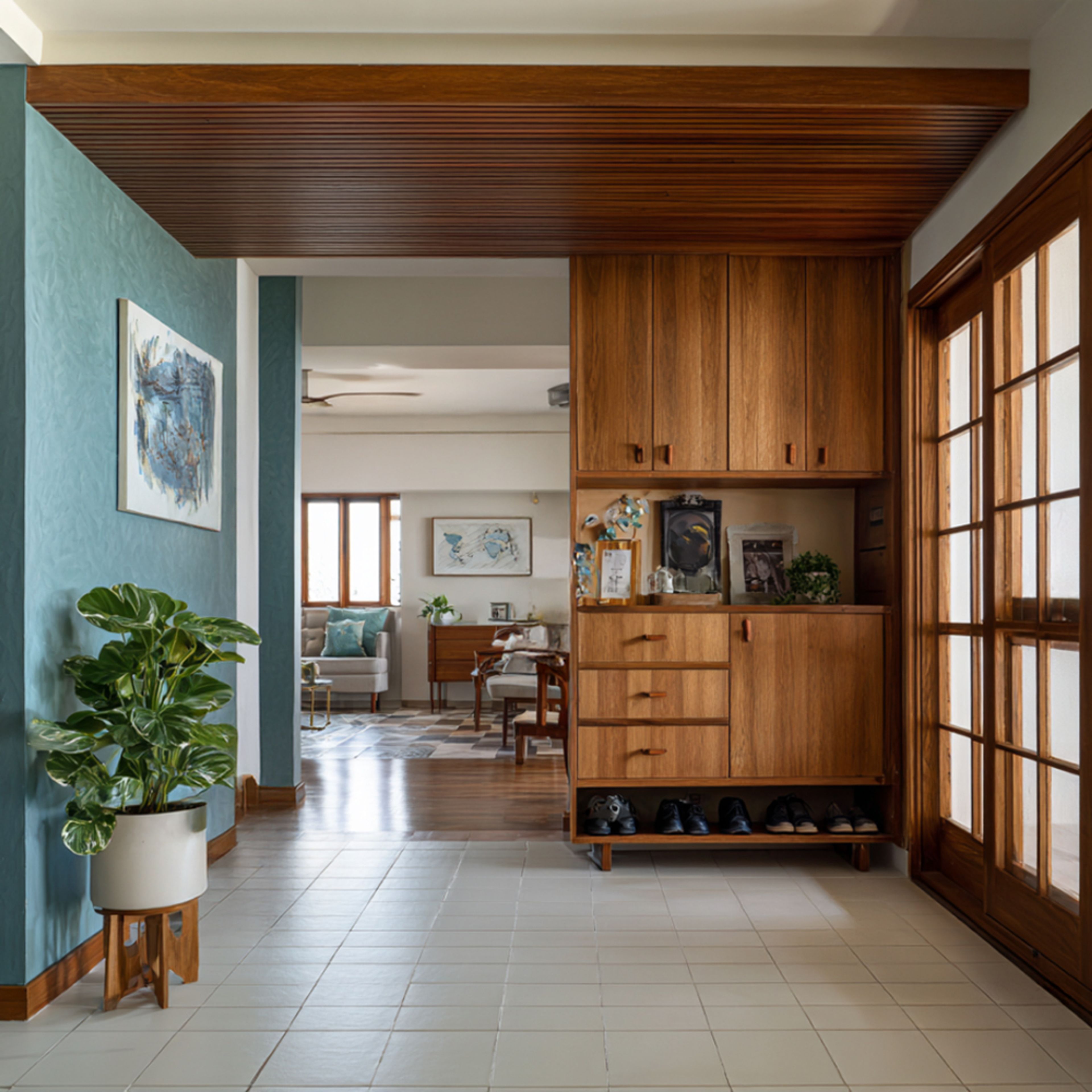 Mid-century Modern Foyer Design with Walnut Finish and Slatted Ceiling