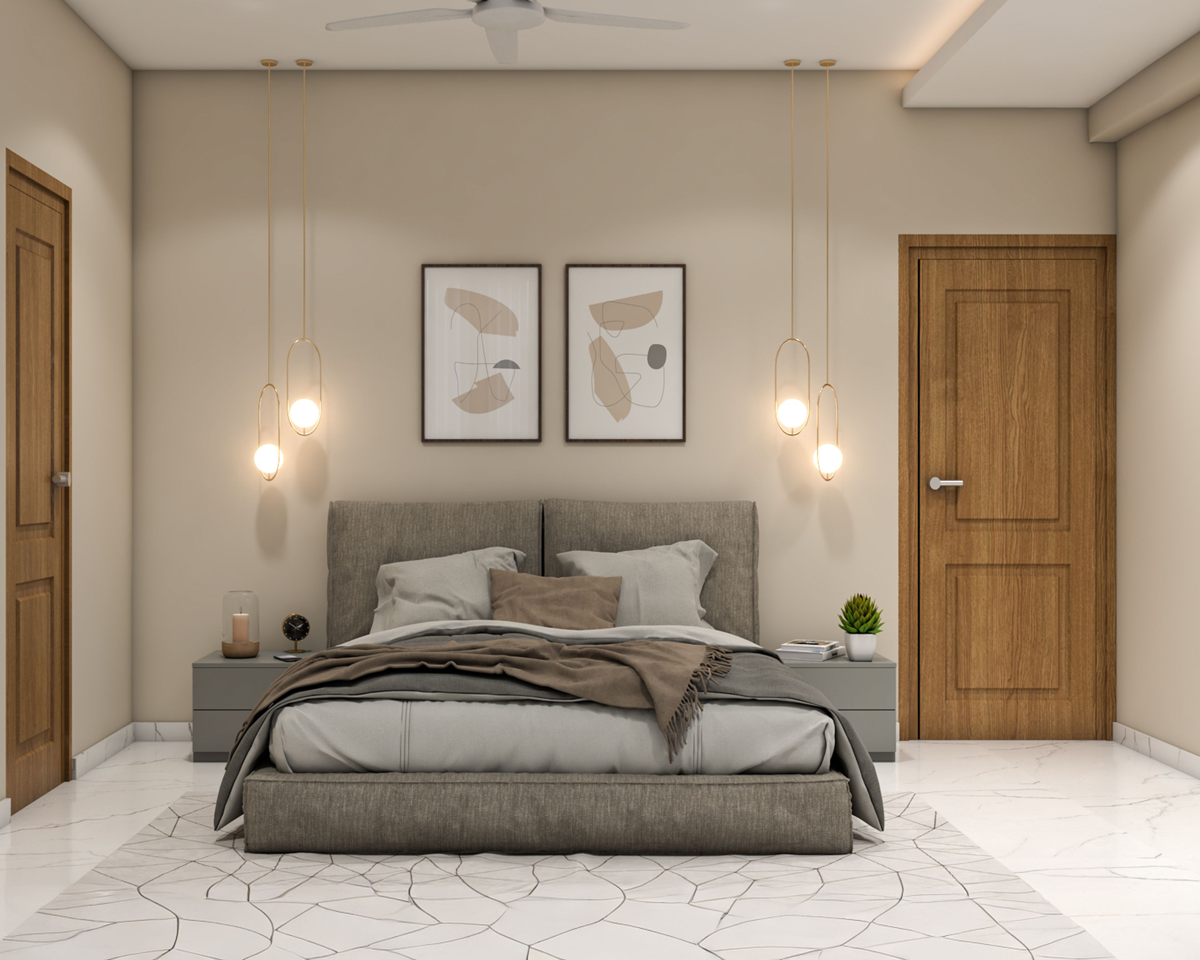 Minimal Guest Bedroom Design with Upholstered King Bed and Beige Walls