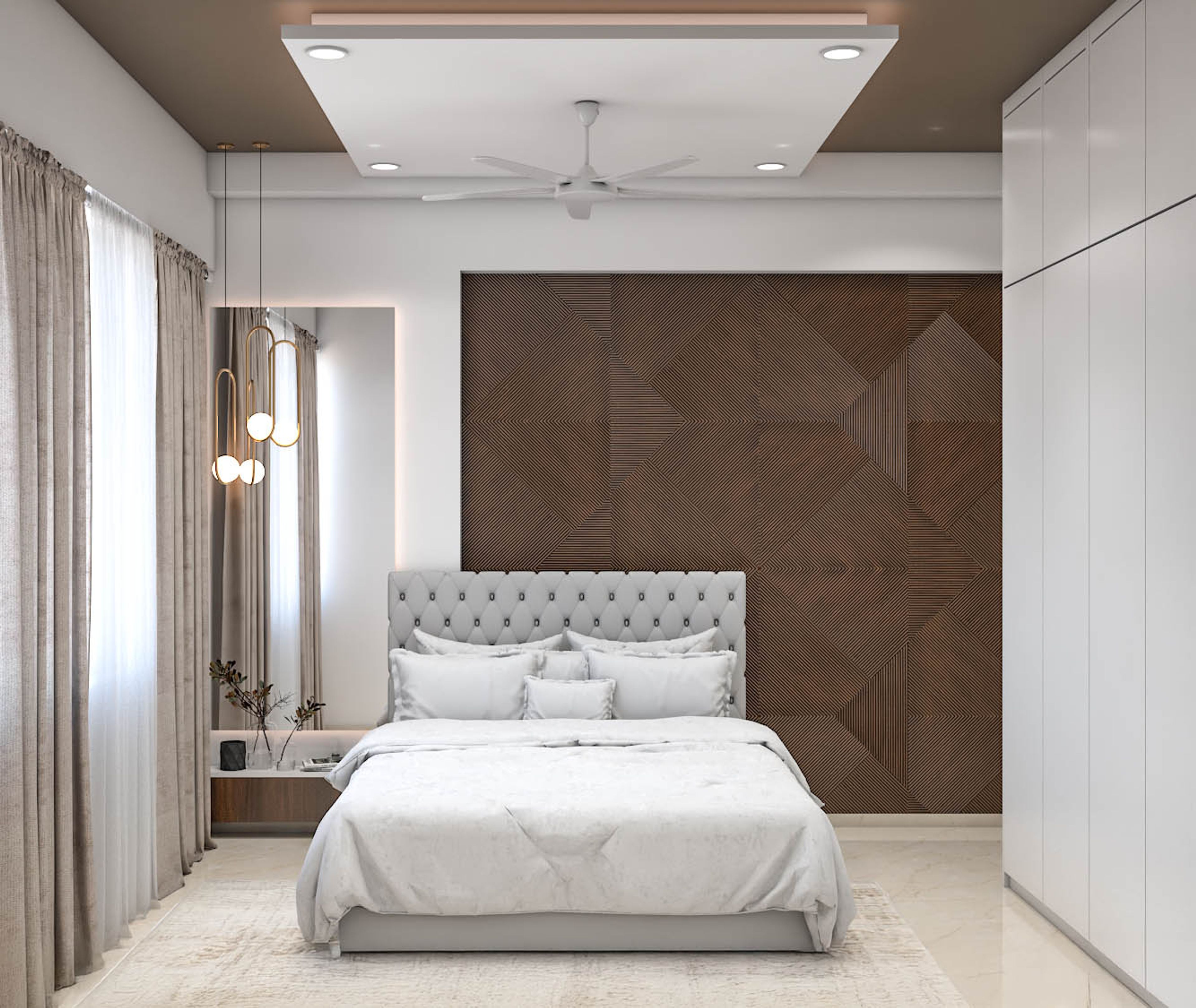 Modern Guest Bedroom Design With Wooden Bed and White Desk with Drawers