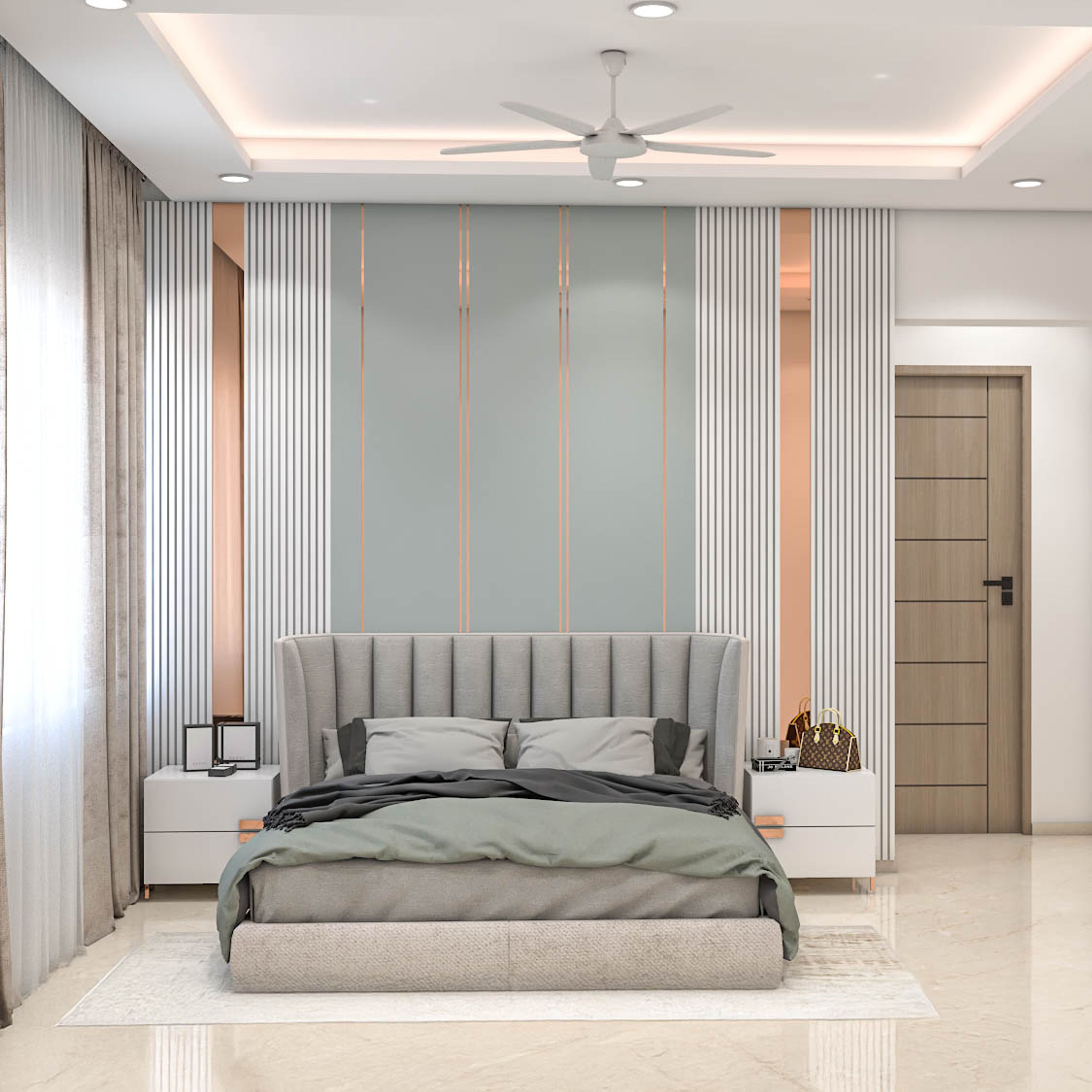 Guest Bedroom Design Featuring Modern Vertical Panel Accent Wall and Grey Tufted Bed