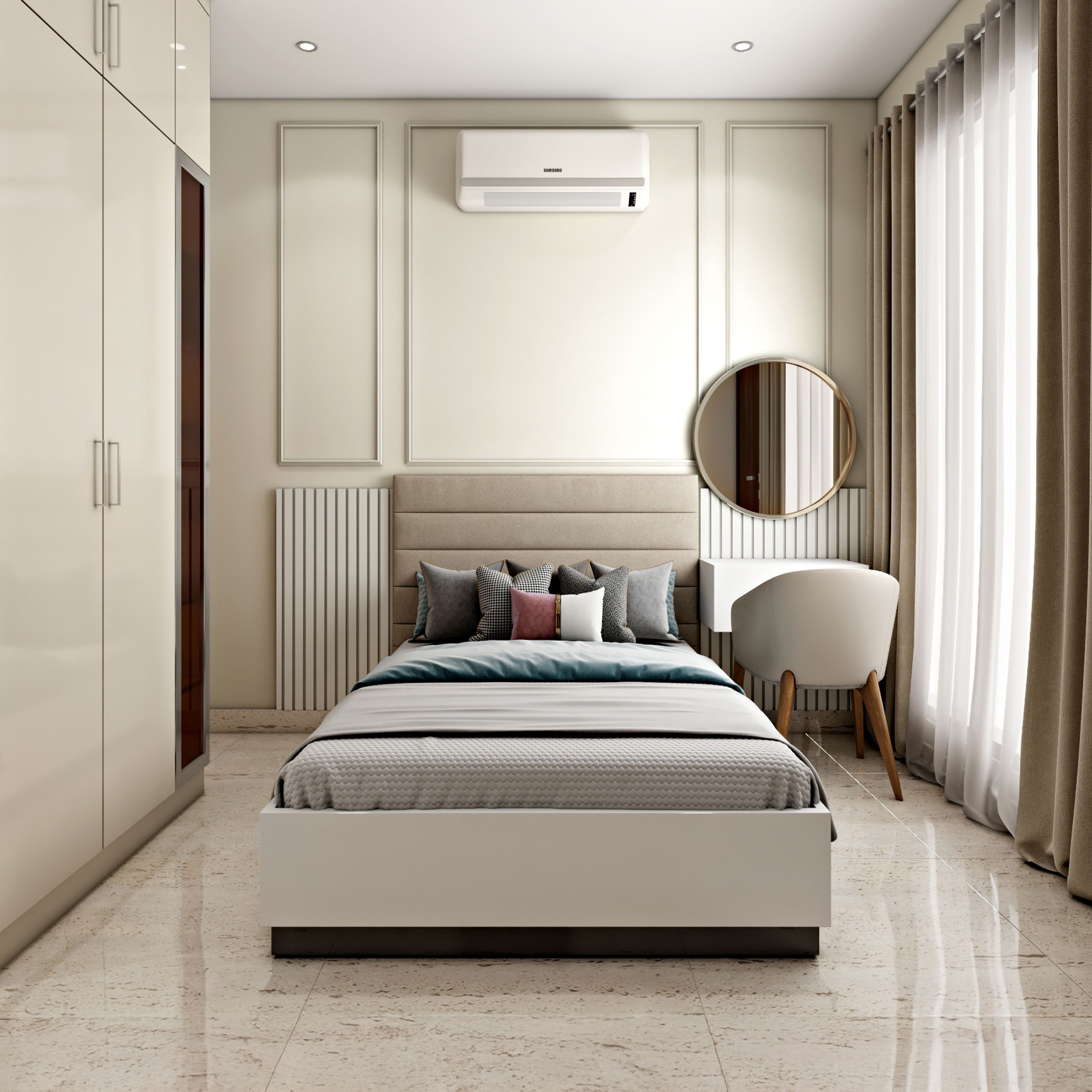 Modern Guest Bedroom Design with Full-Height Wardrobe and Low-Profile Bed Frame