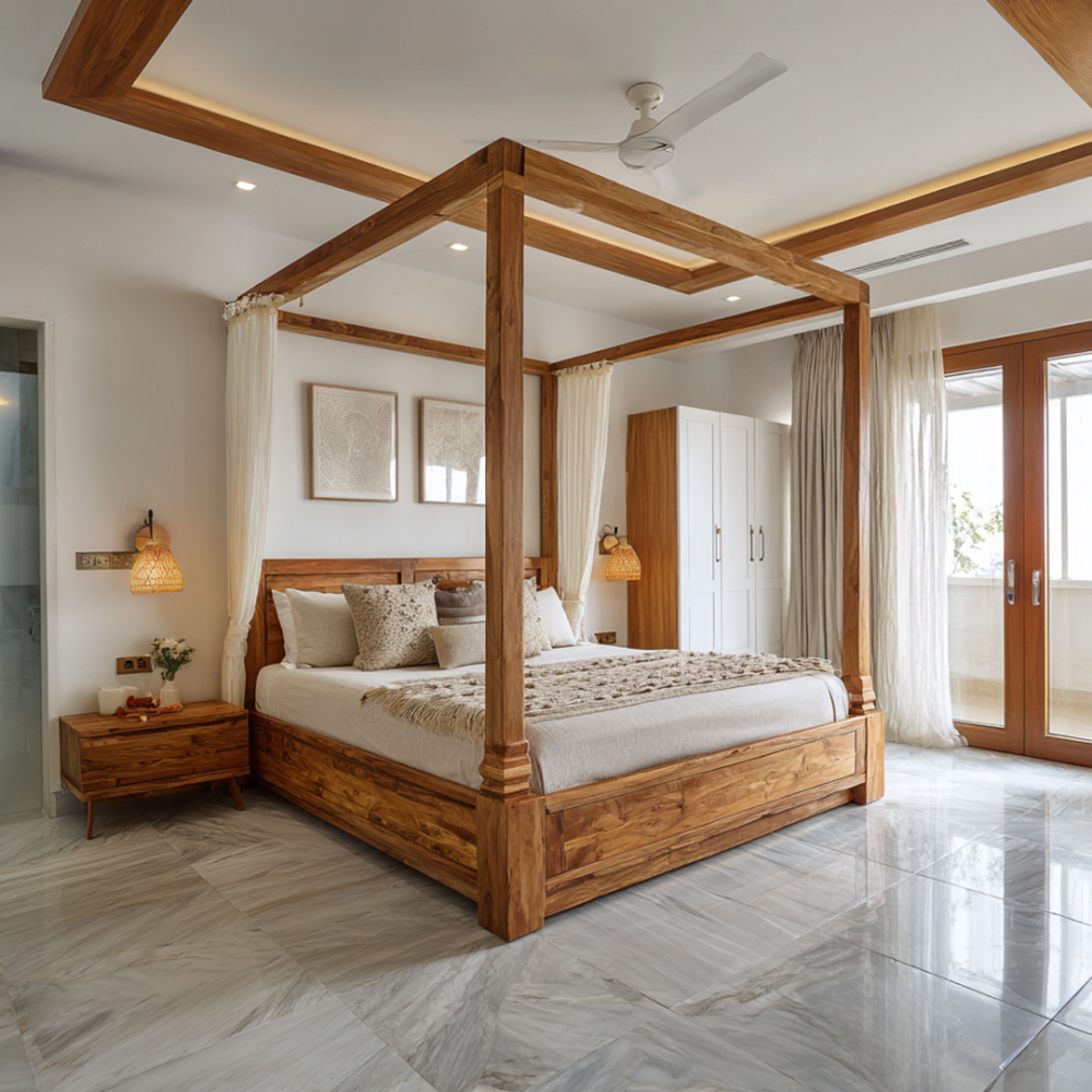 Tropical Guest Bedroom Design with Teak Bed and Textured Wall Art