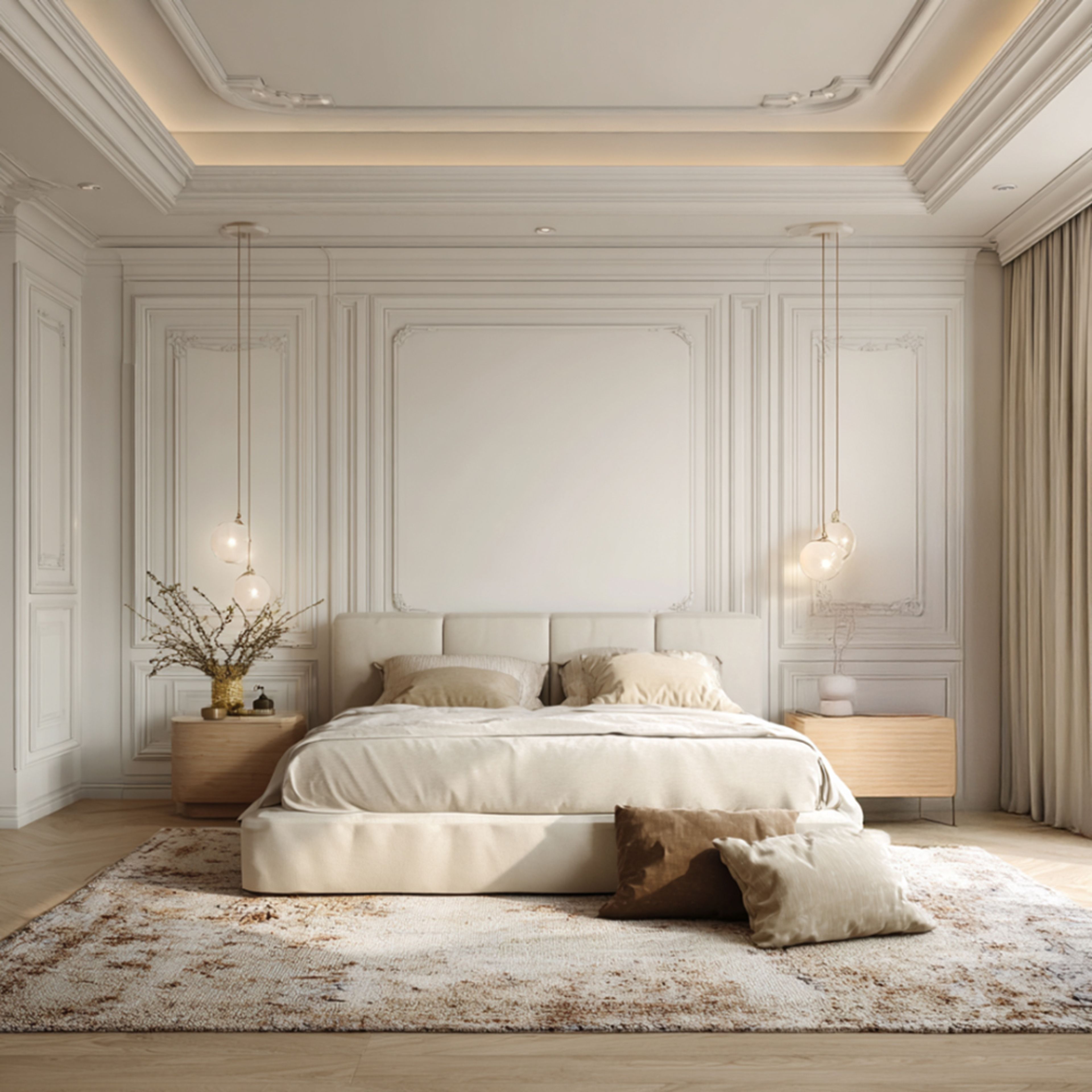 Classic Guest Bedroom Design With Wall Mouldings and Cream Upholstered Bed