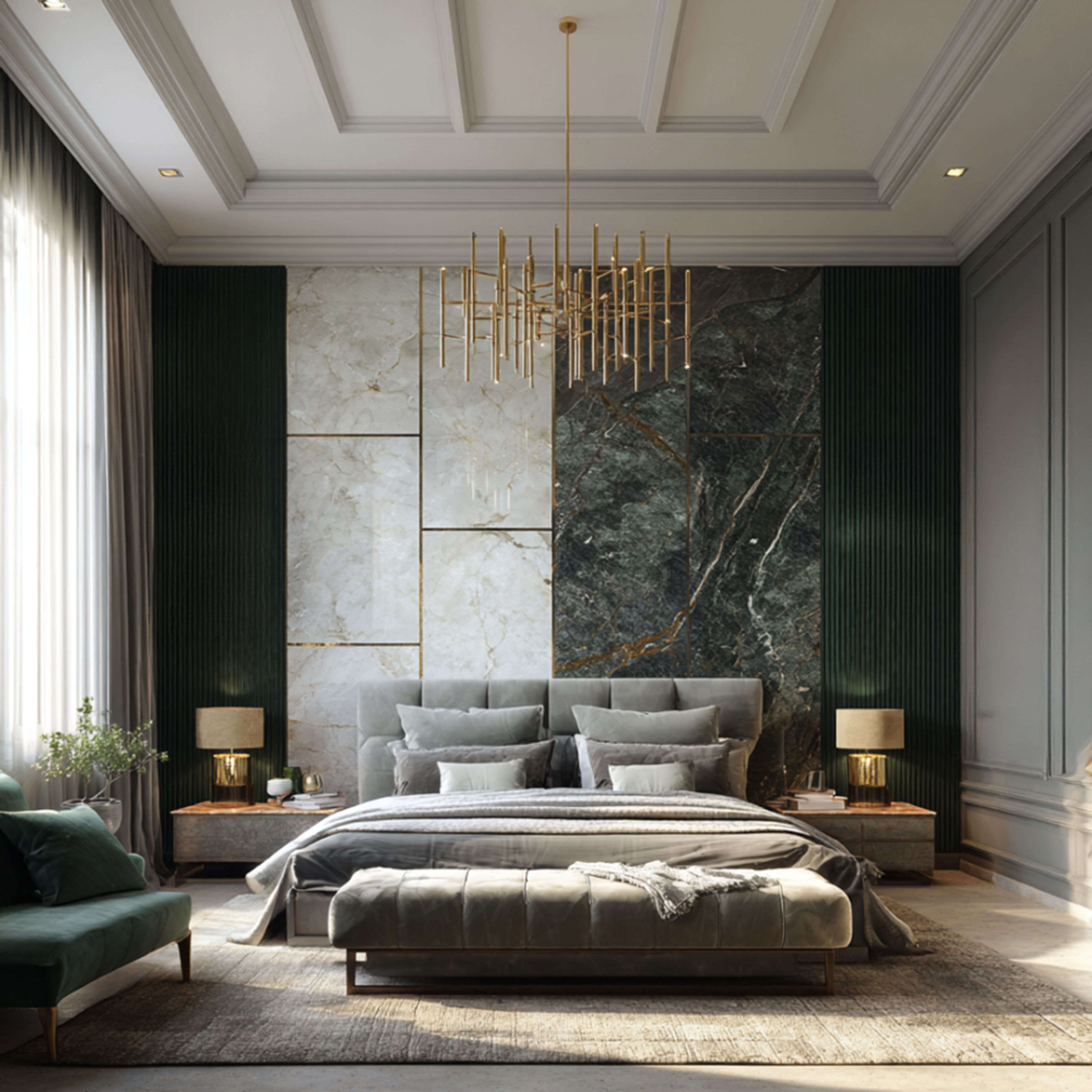 Contemporary Guest Bedroom Design With Marble Wall and Velvet Tufted Grey Upholstery Bed