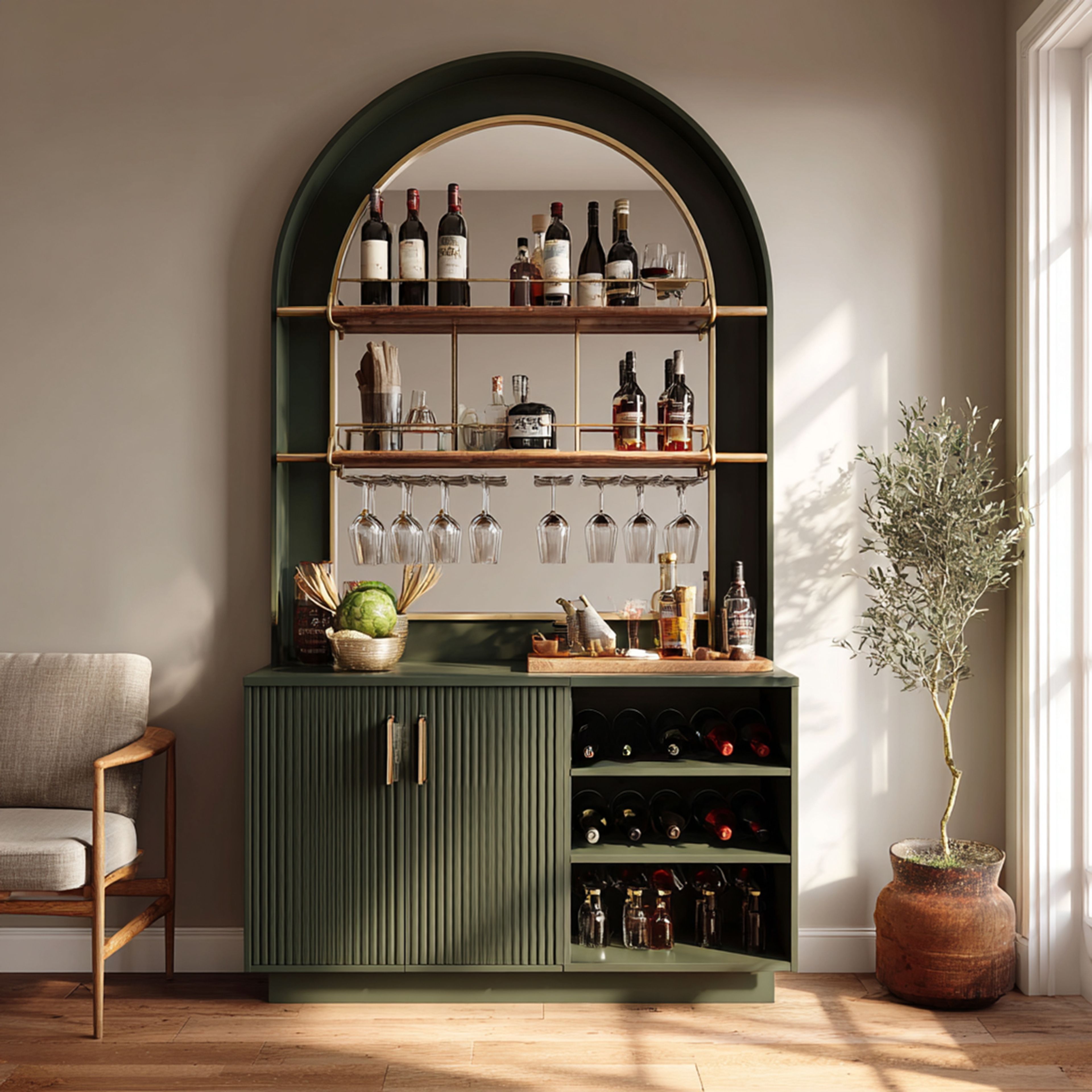 Modern Emerald Home Bar Design with Wine Rack and Open Shelves