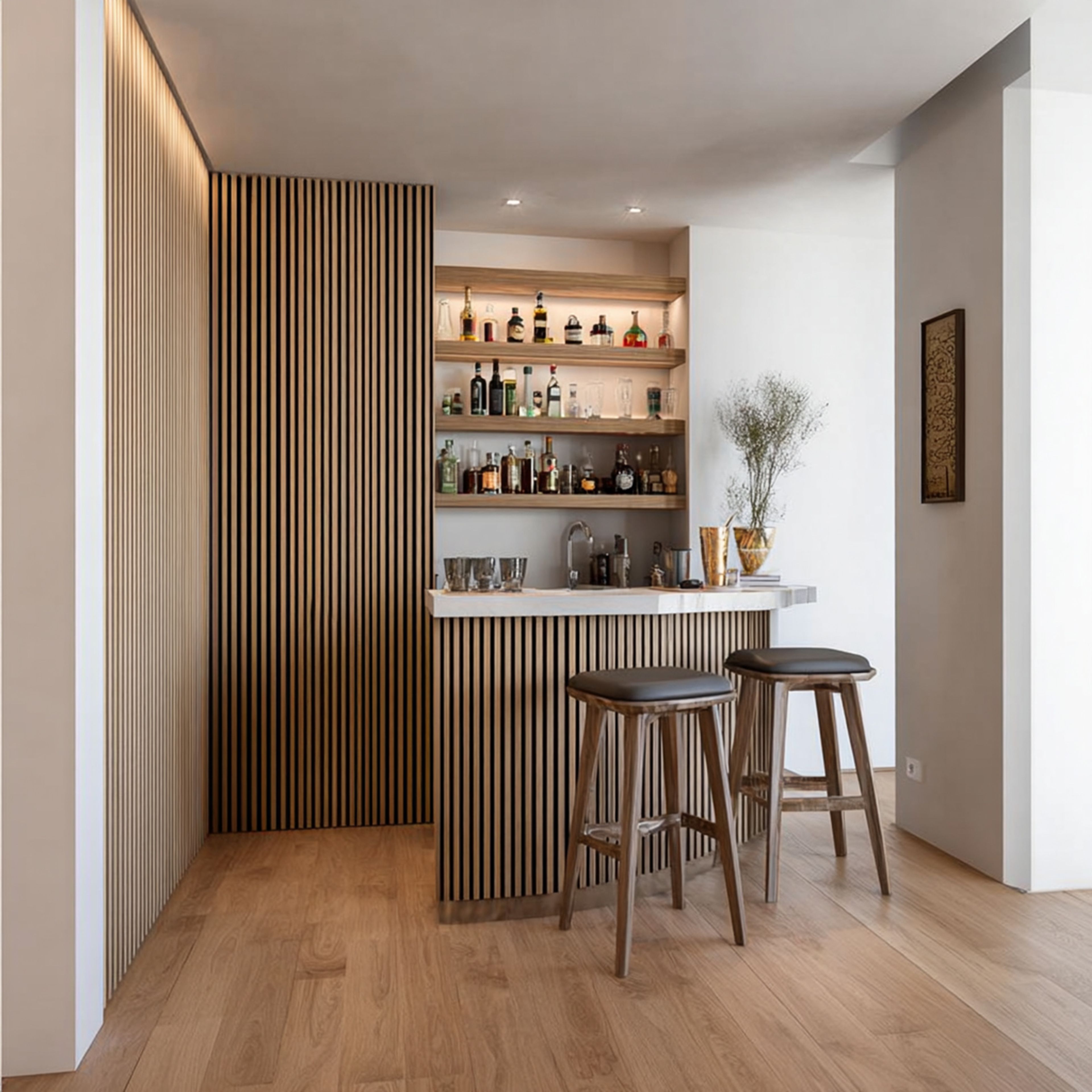 Minimal Home Bar Design with Backlit Shelving and Storage Units