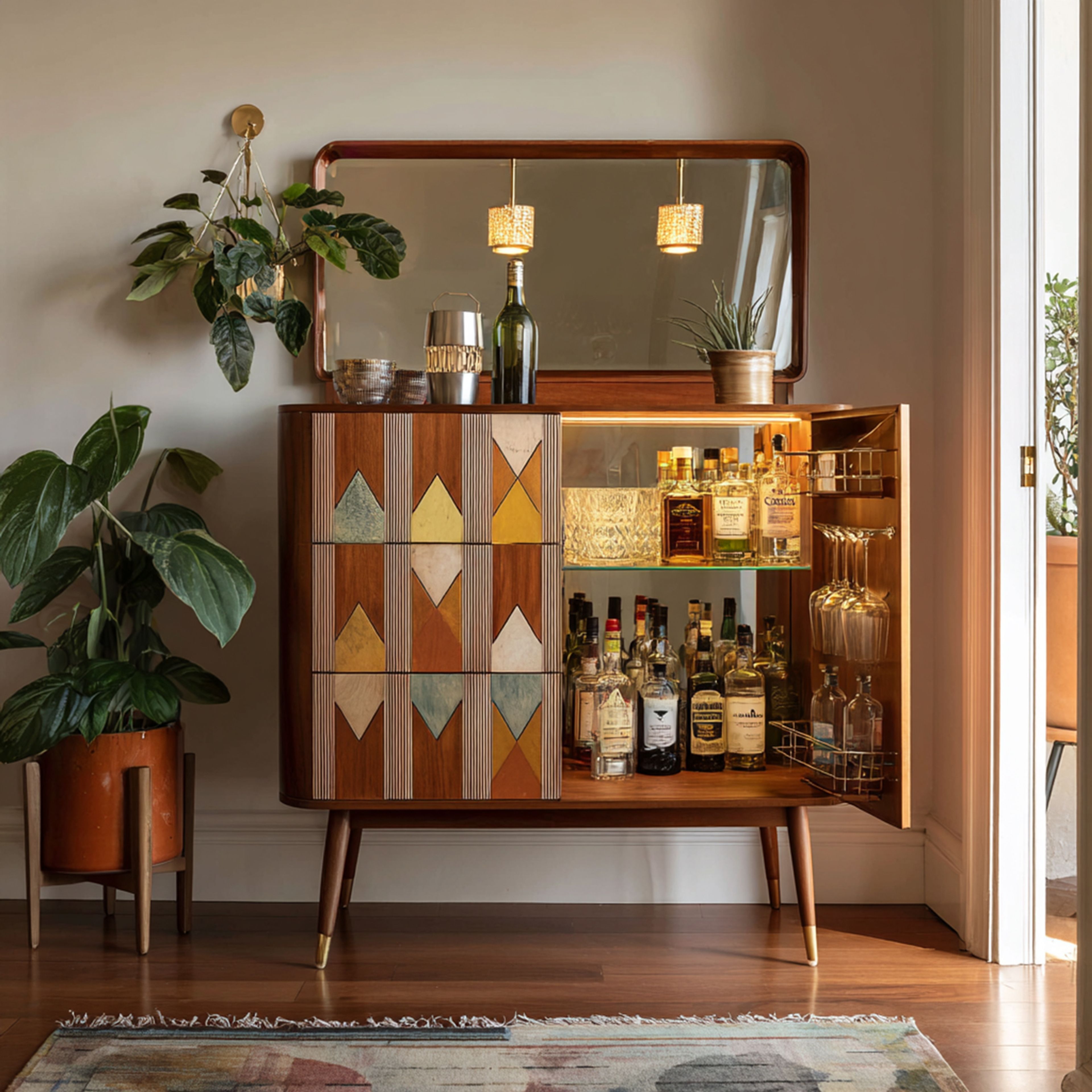 Mid-Century Modern Home Bar Design with Walnut Finish, Mirrored Counter Display and Backlit Shelves