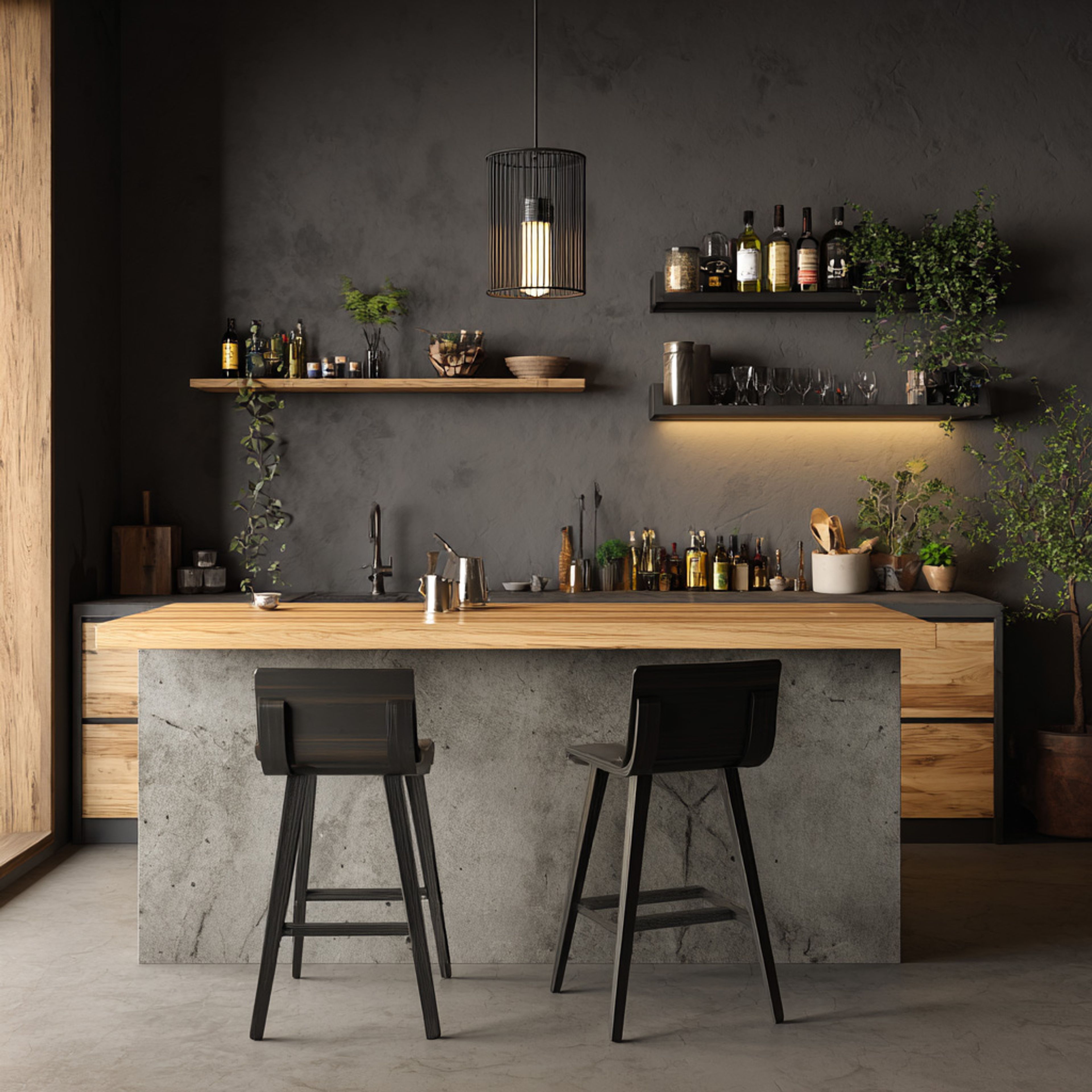 Modern Home Bar Design with Two-Level Open Shelves and LED Underlighting