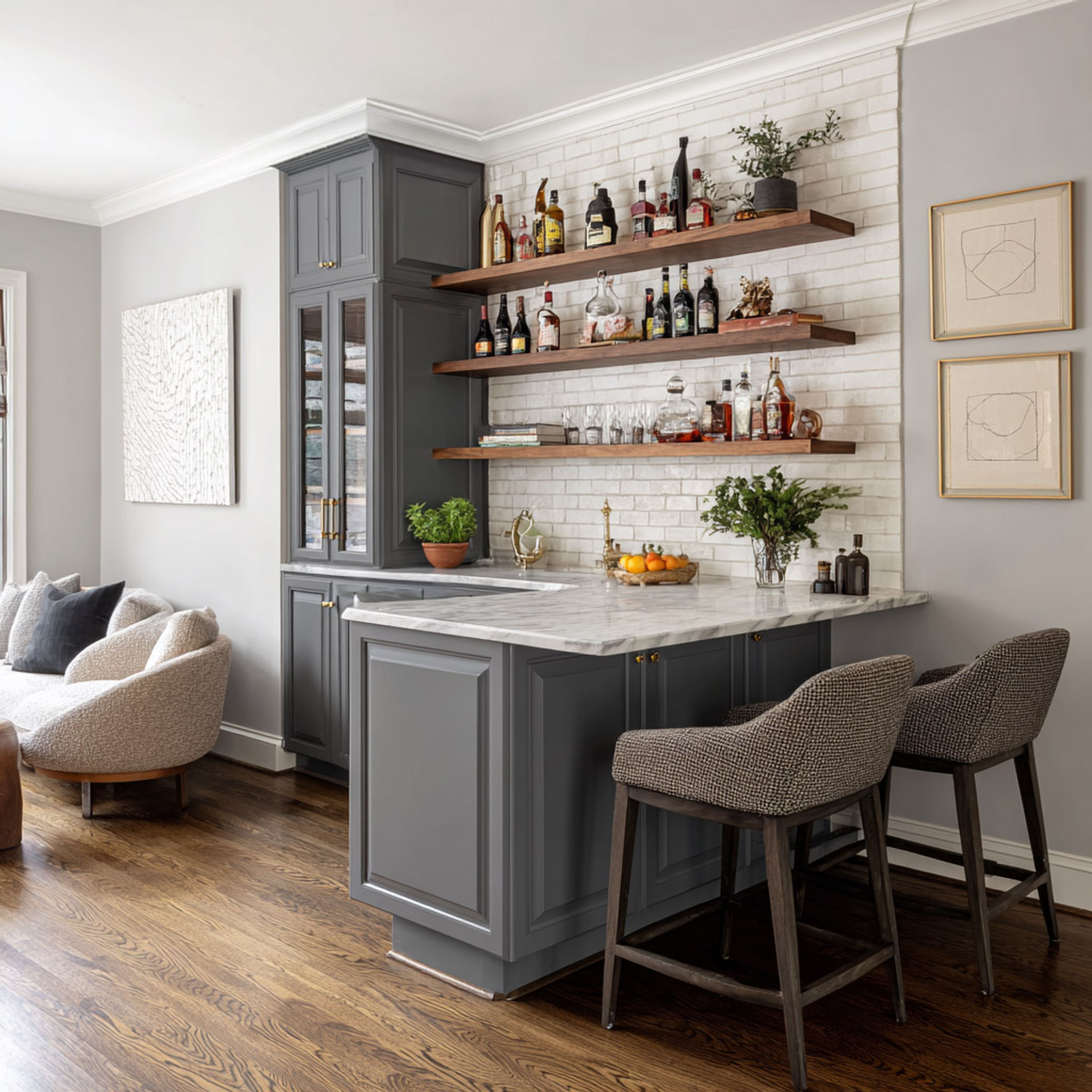 Modern Home Bar Design with Display Shelves and Black Sink