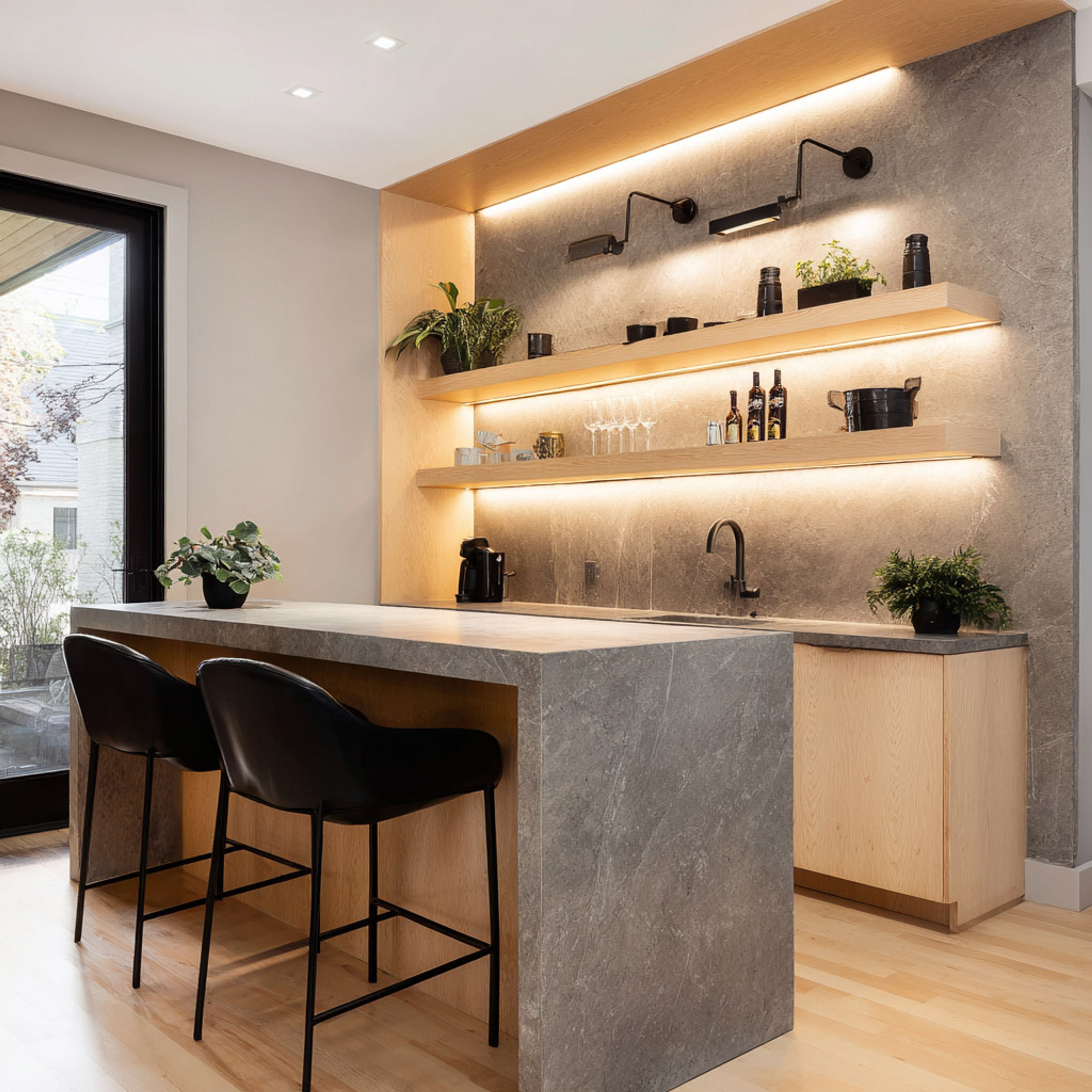 Modern Home Bar Design with Floating LED Shelves and Stone Counter