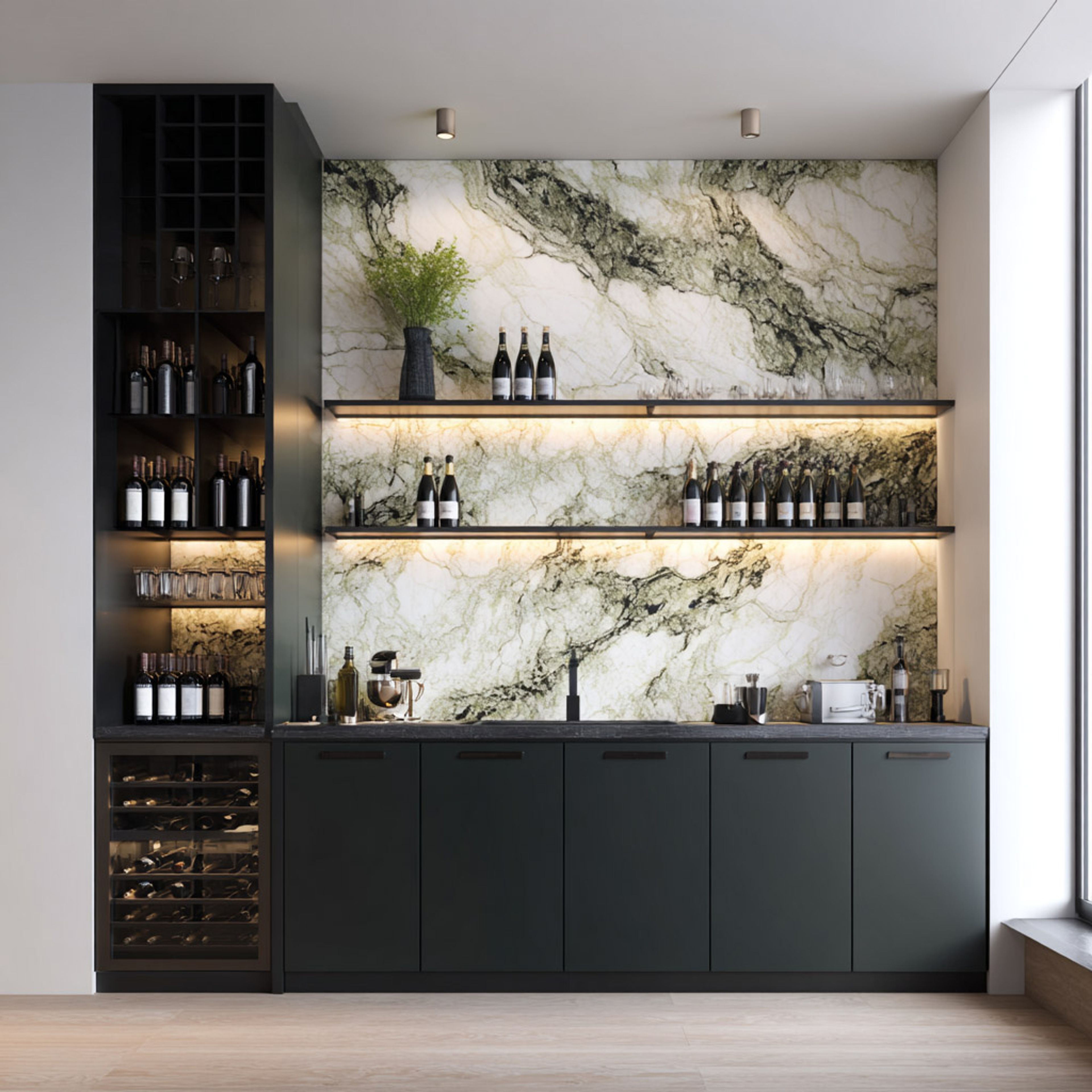 Contemporary Home Bar Design with Wine Cooler and LED Shelves