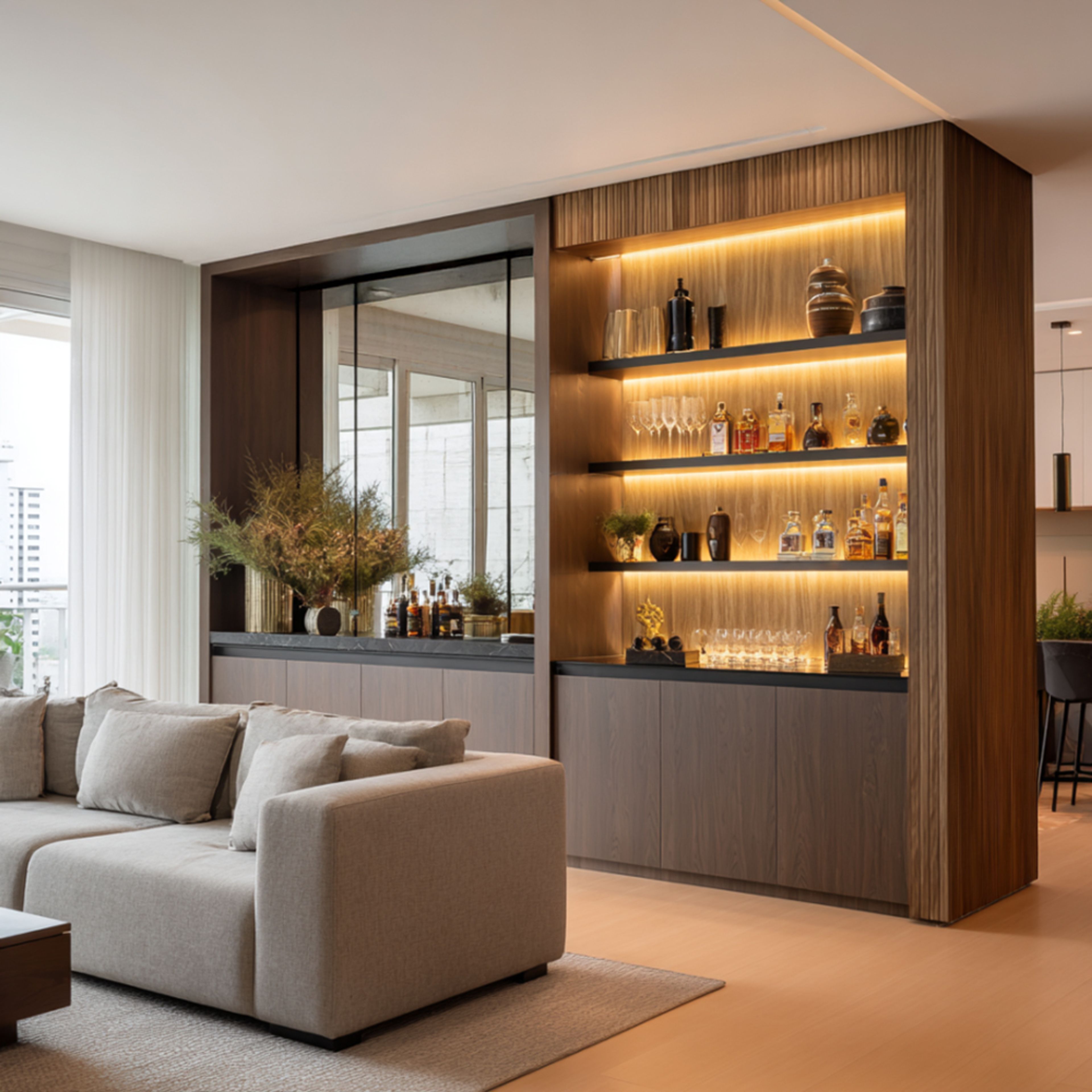 Minimal Home Bar Design in Walnut With Floating Lighted Shelves