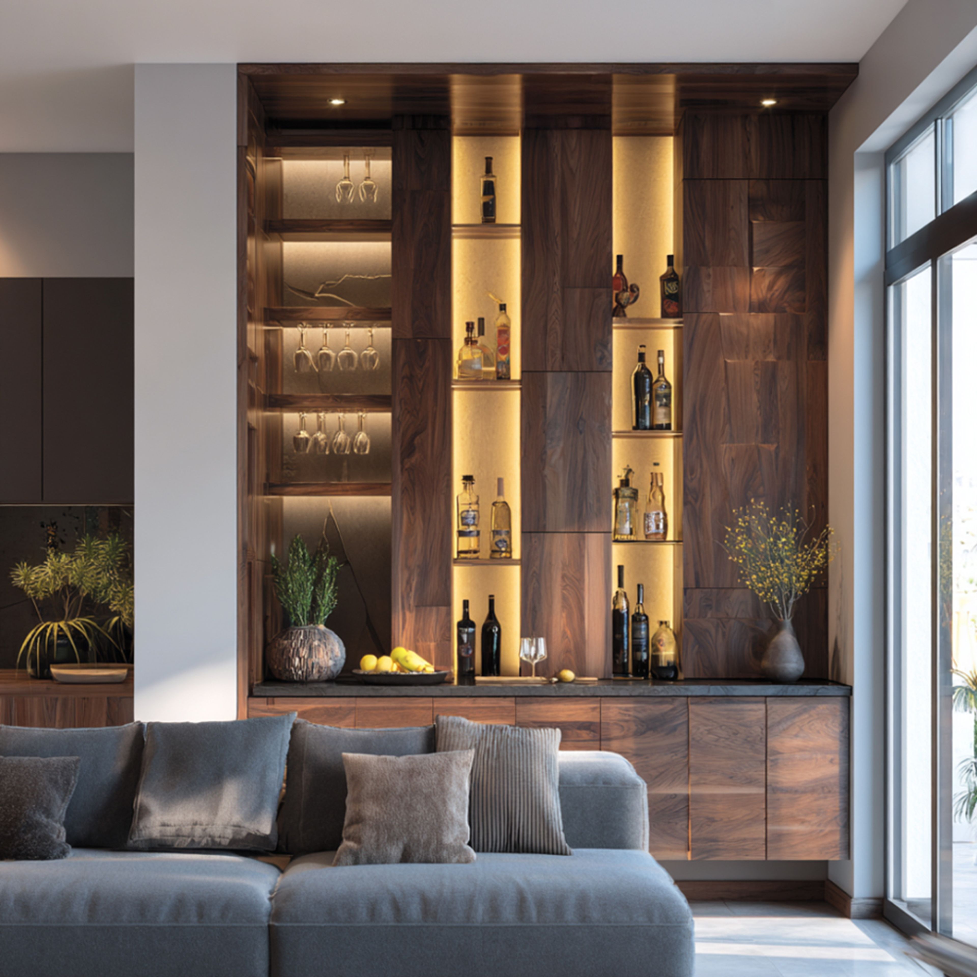 Modern Home Bar Design With Warm Walnut Finish and Hidden Storage