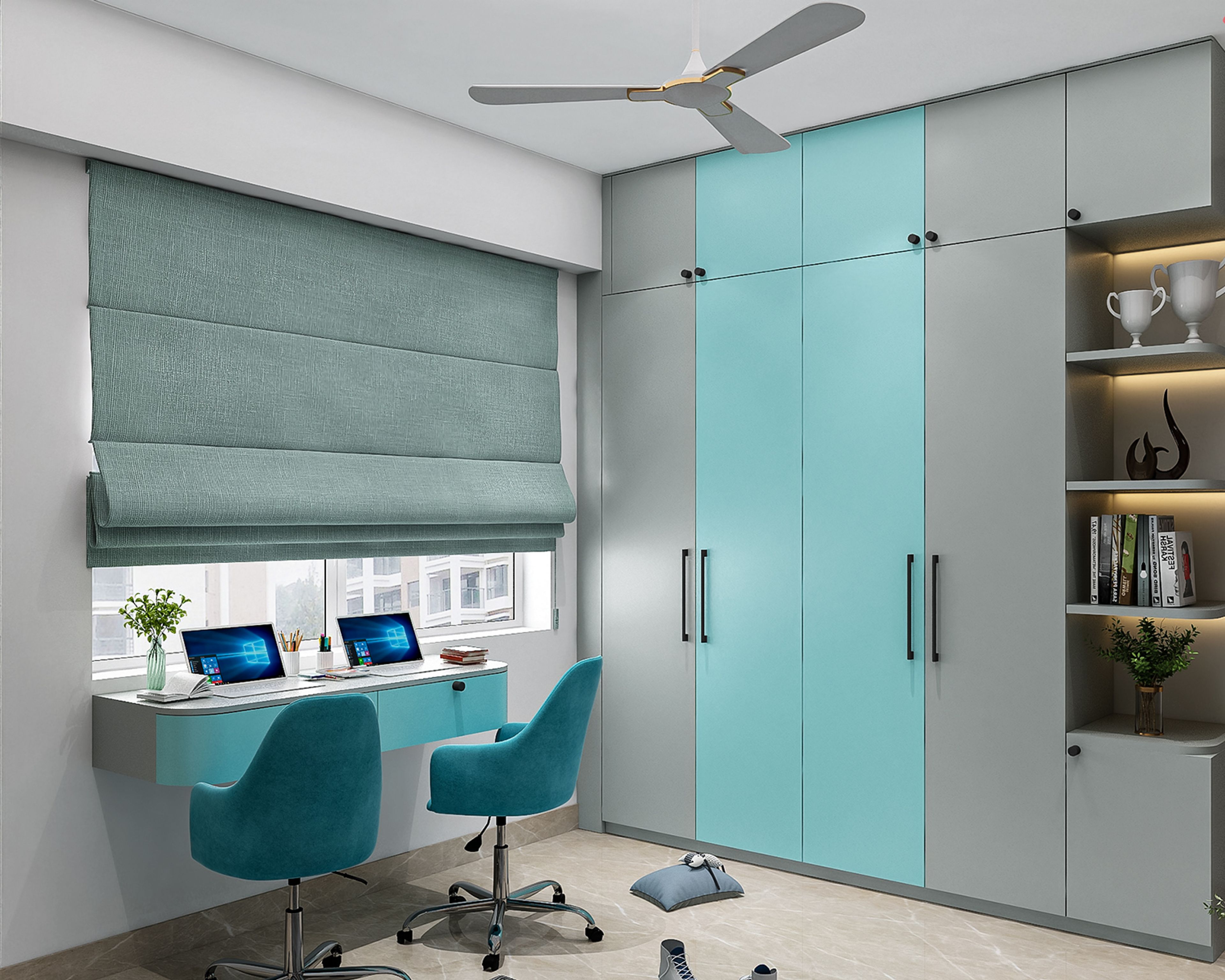 Silver and Aqua Green Modern Home Office Design with Two Swivel Chairs and Open Shelves