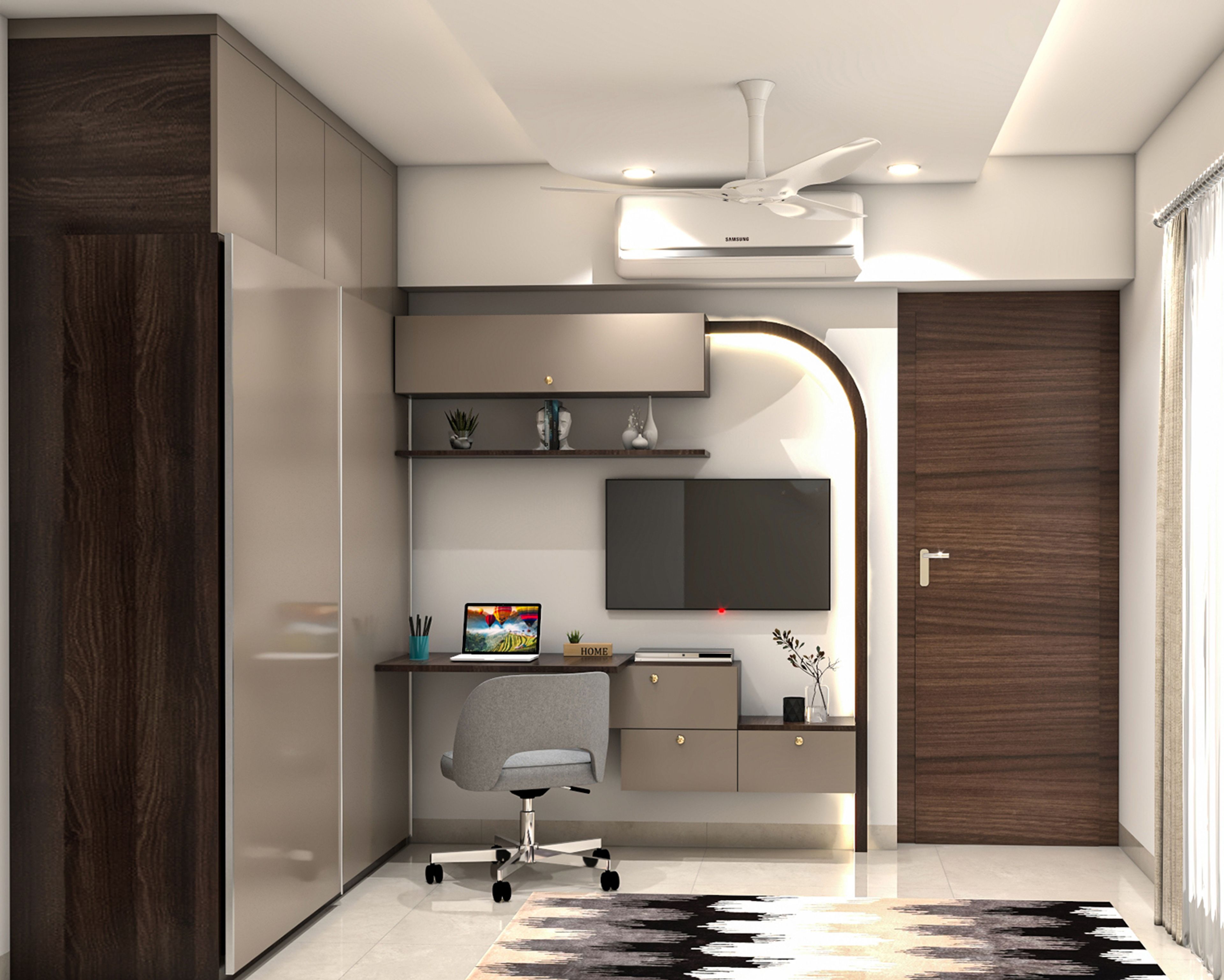 Grey Minimal Home Office Design with Wall-Mounted Floating Desk Setup