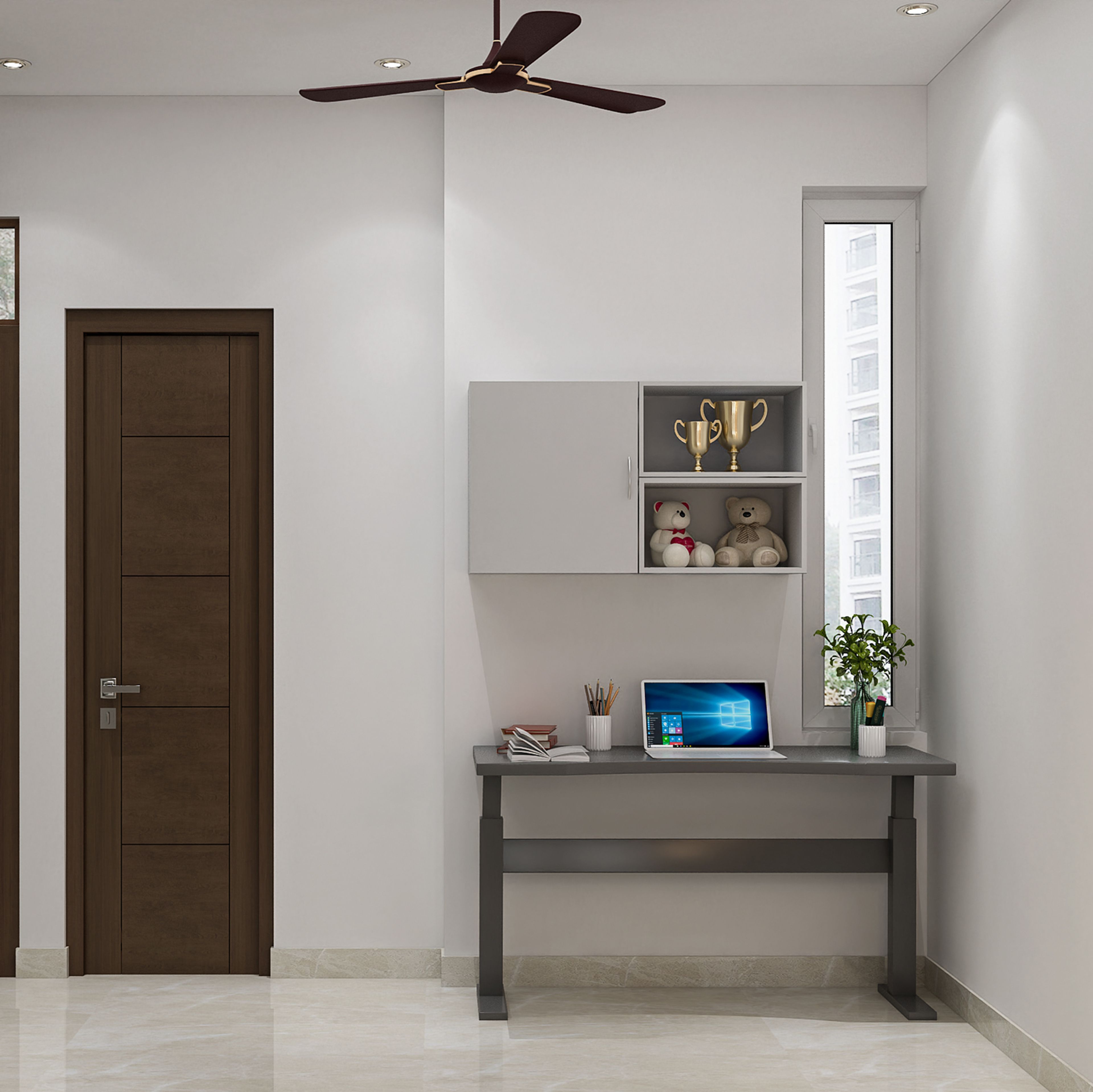 Minimal Grey Home Office Design with Rectangular Desk, Overhead Cabinets and Open Shelving