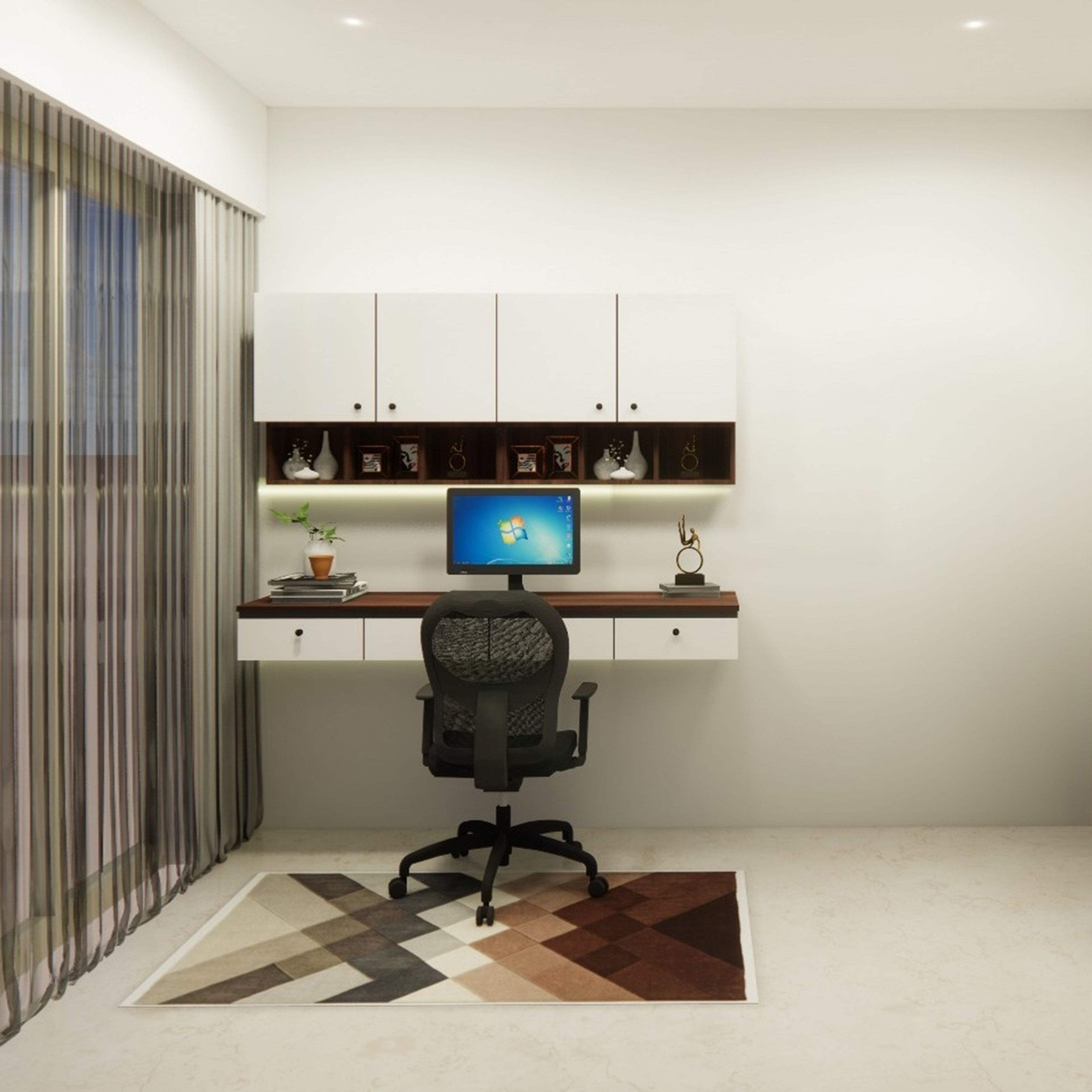 Contemporary Home Office Design with Floating Desk, Open Shelves and Cabinets