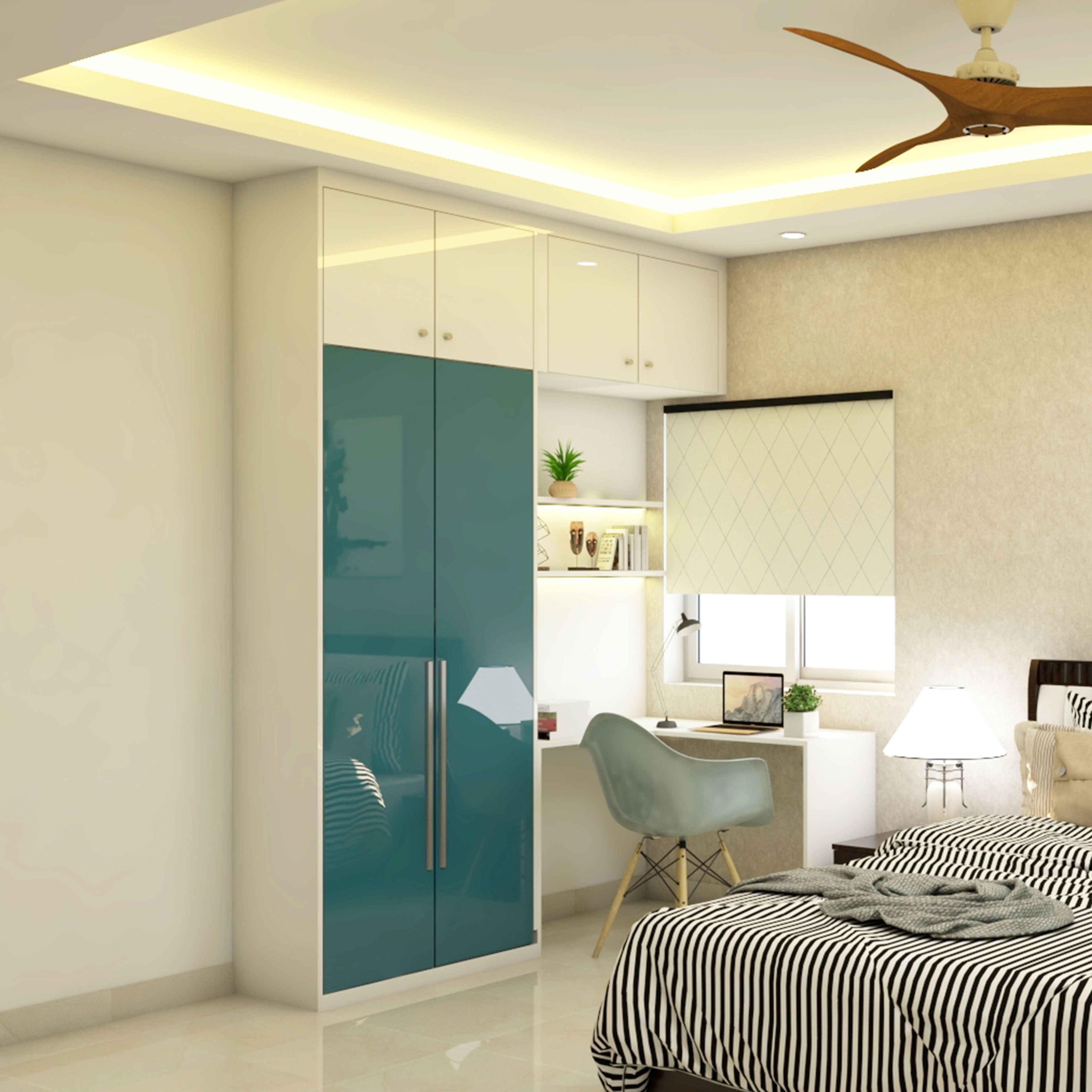 White Modern Home Office Design with Floating Desk and Wardrobe