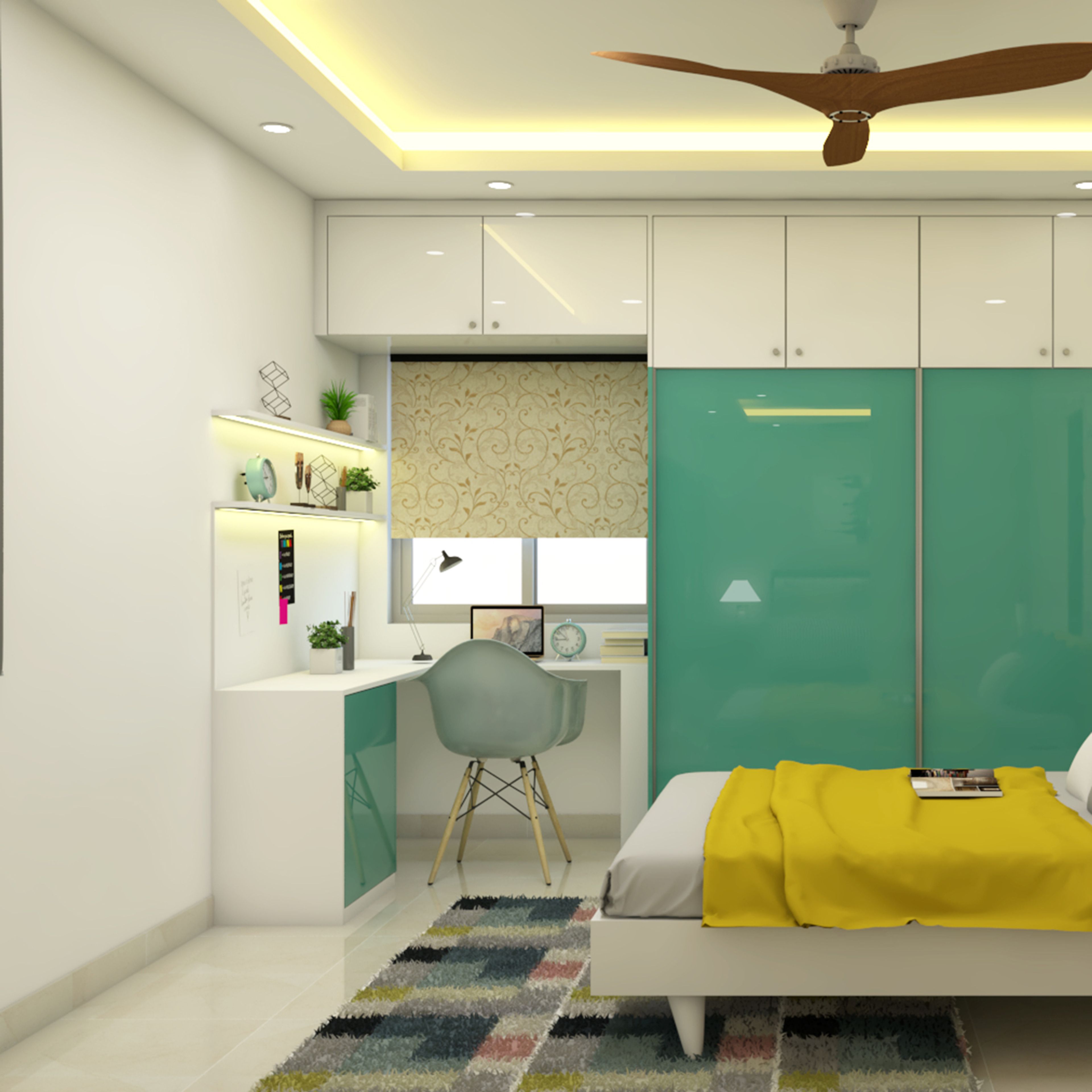 White and Aqua Green Modern Home Office Design with Sliding Wardrobe and White Desk