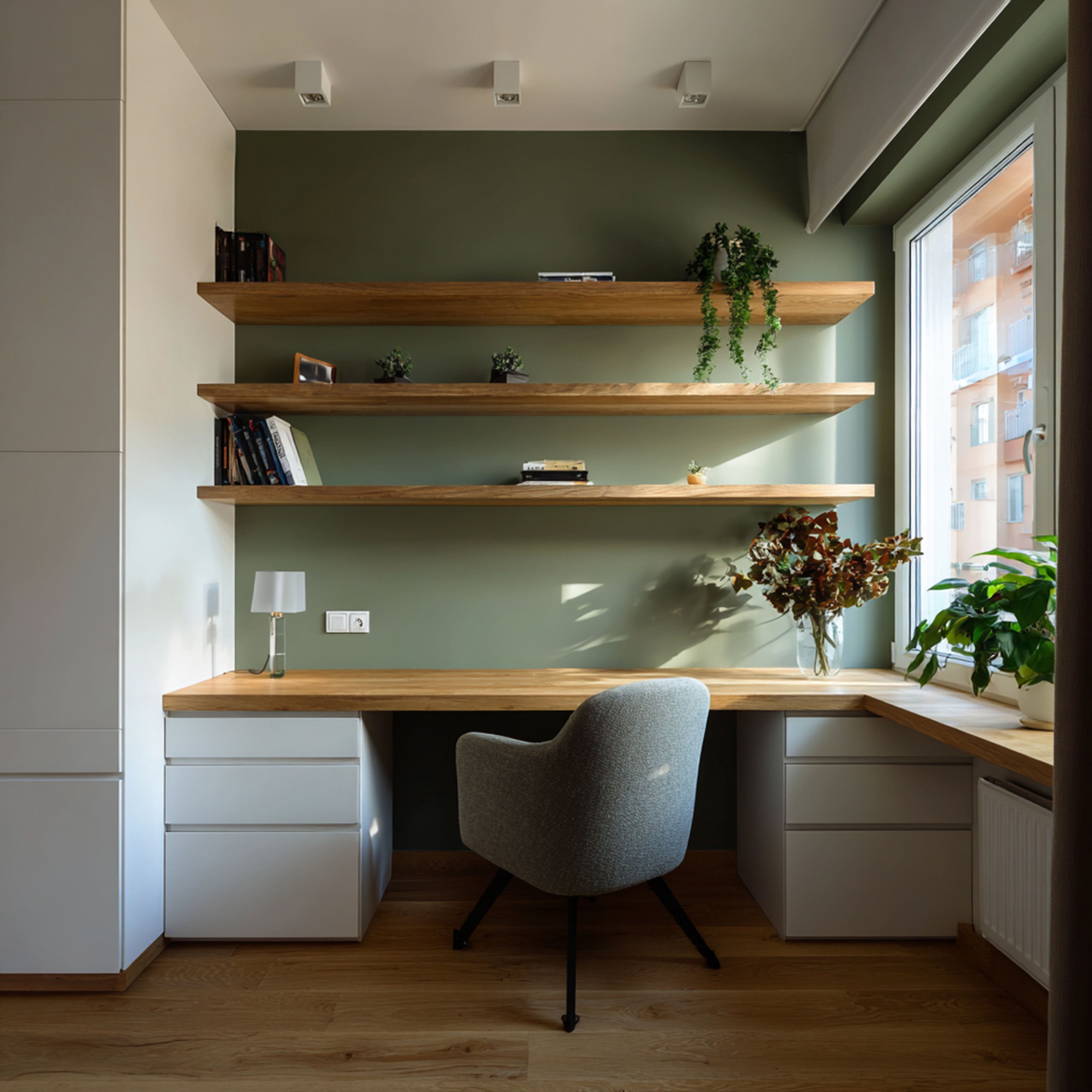 Scandinavian White Home Office Design with L-Shaped Desk and Floating Wooden Shelves