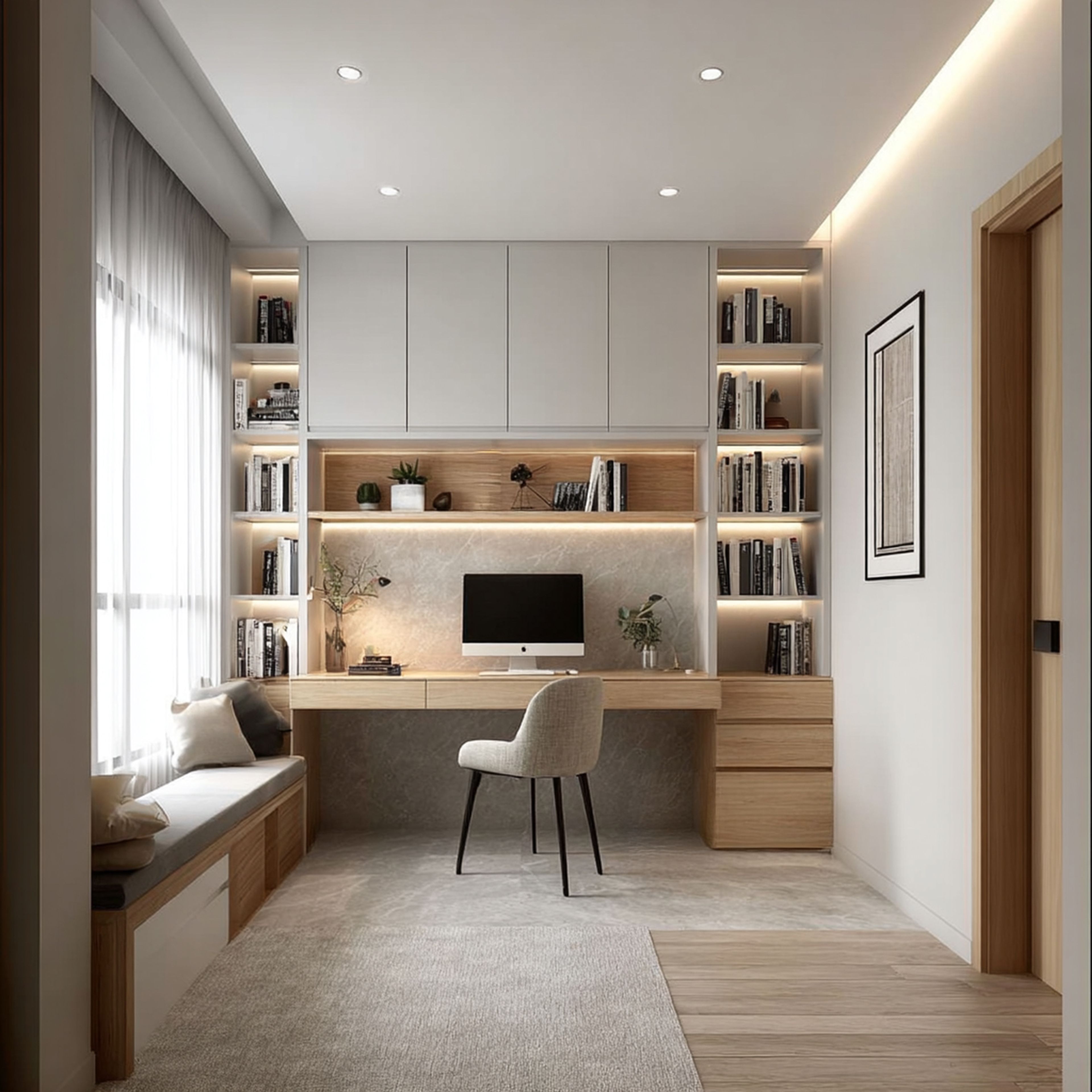 Contemporary Home Office Design Featuring Tall Shelving Units and Cushioned Bench