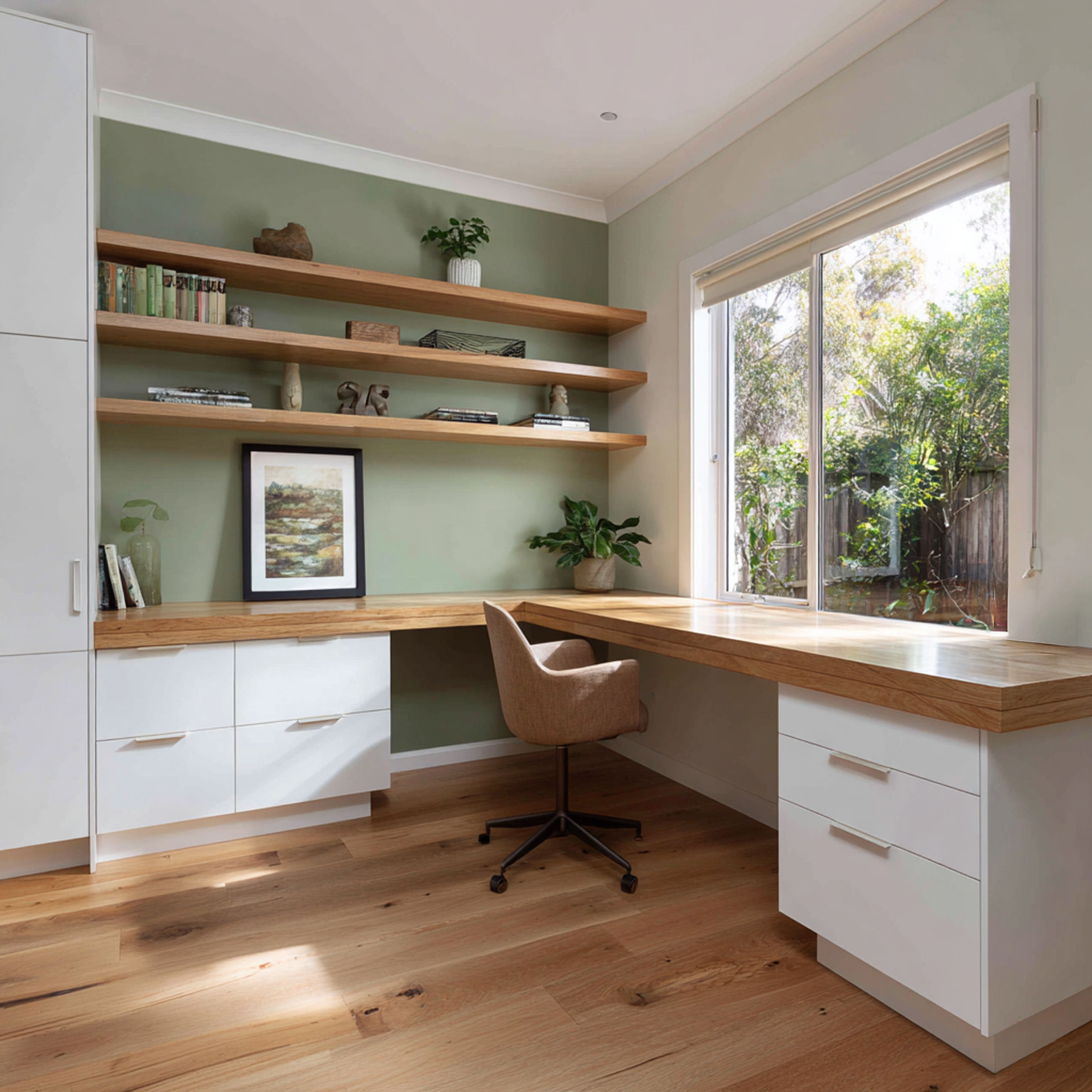 White Scandinavian Home Office Design with Wooden Desk and Floating Shelves