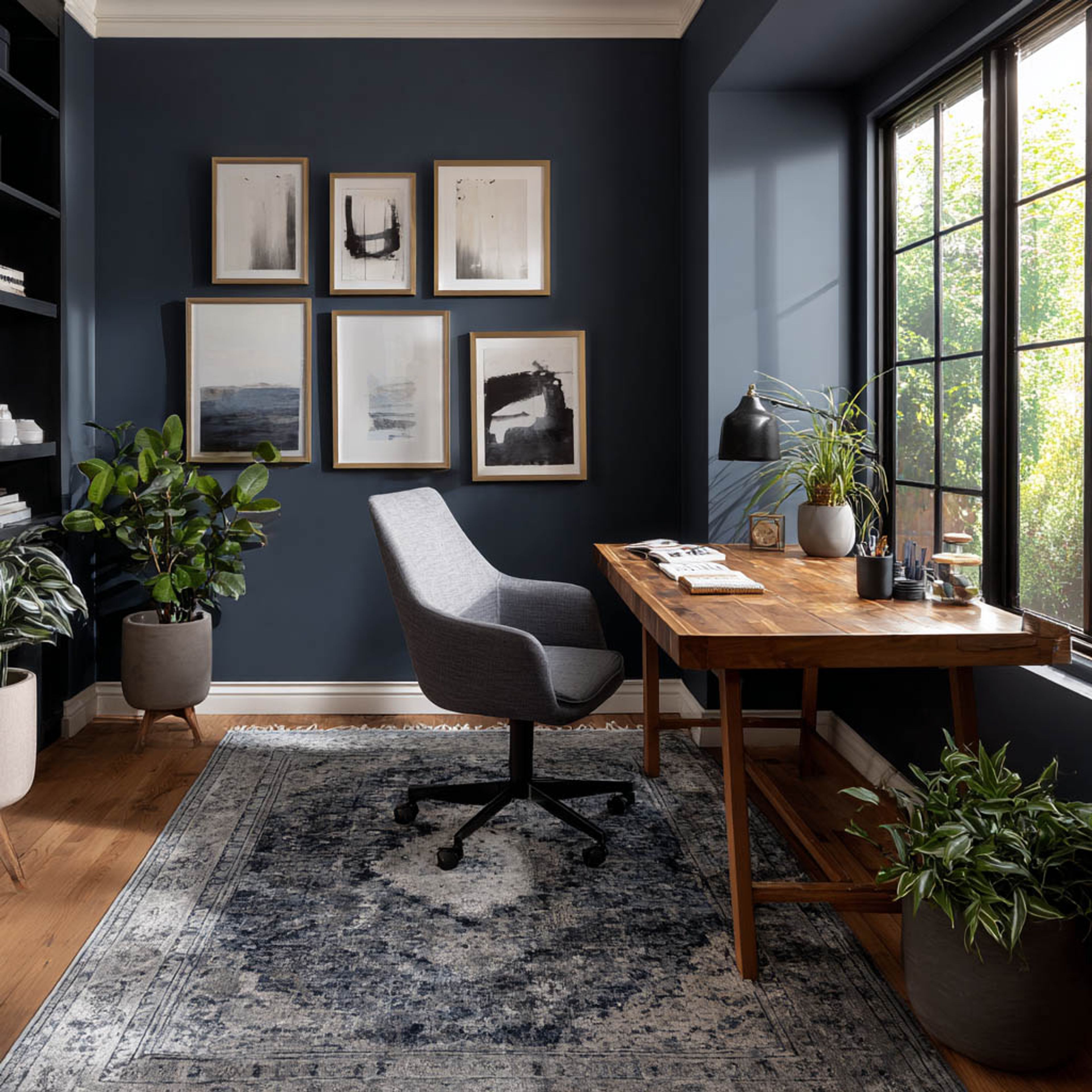 Modern Home Office Design with L-Shaped Walnut Desk and Bookshelves