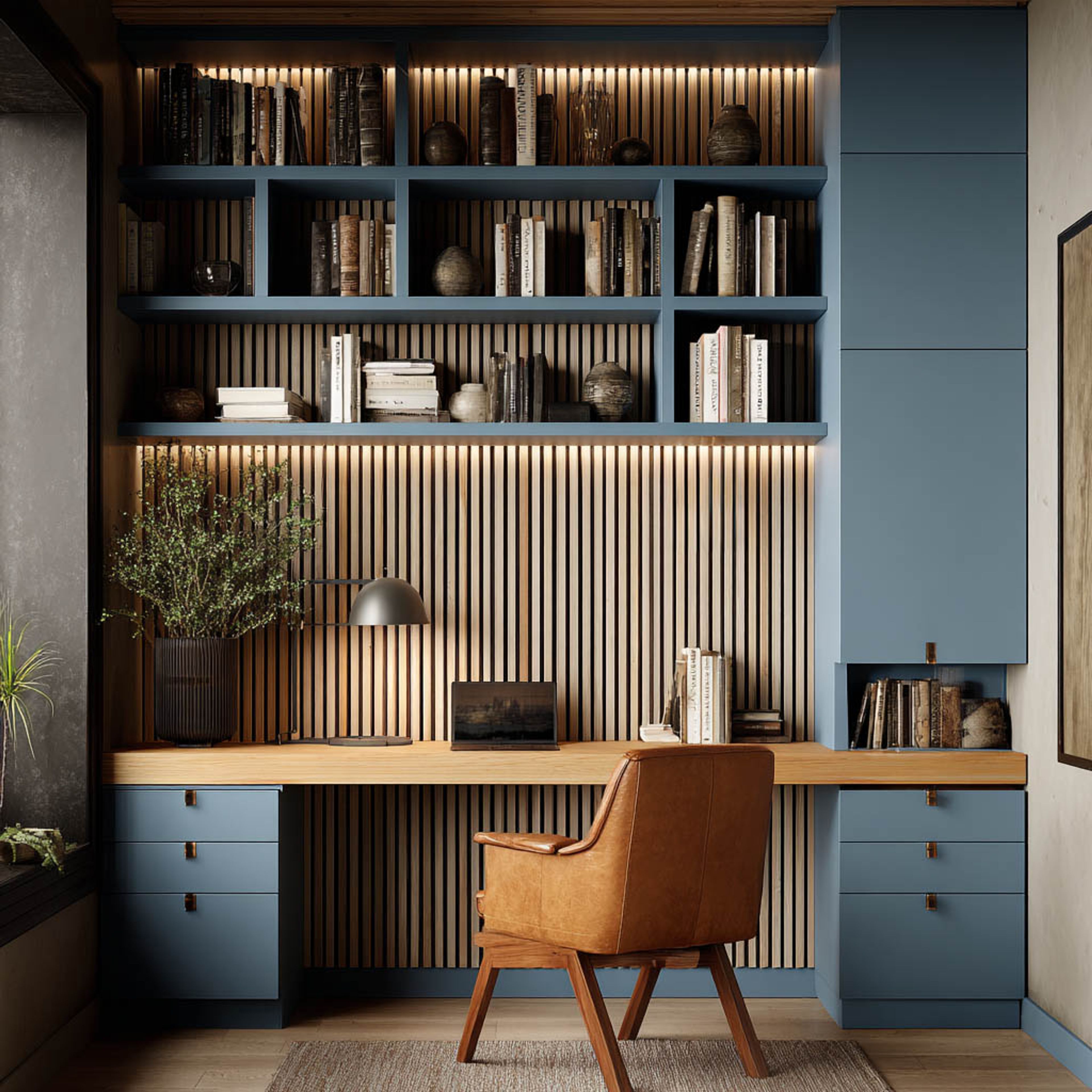 Modern Home Office Design with Window Seat and Slim Desk Layout