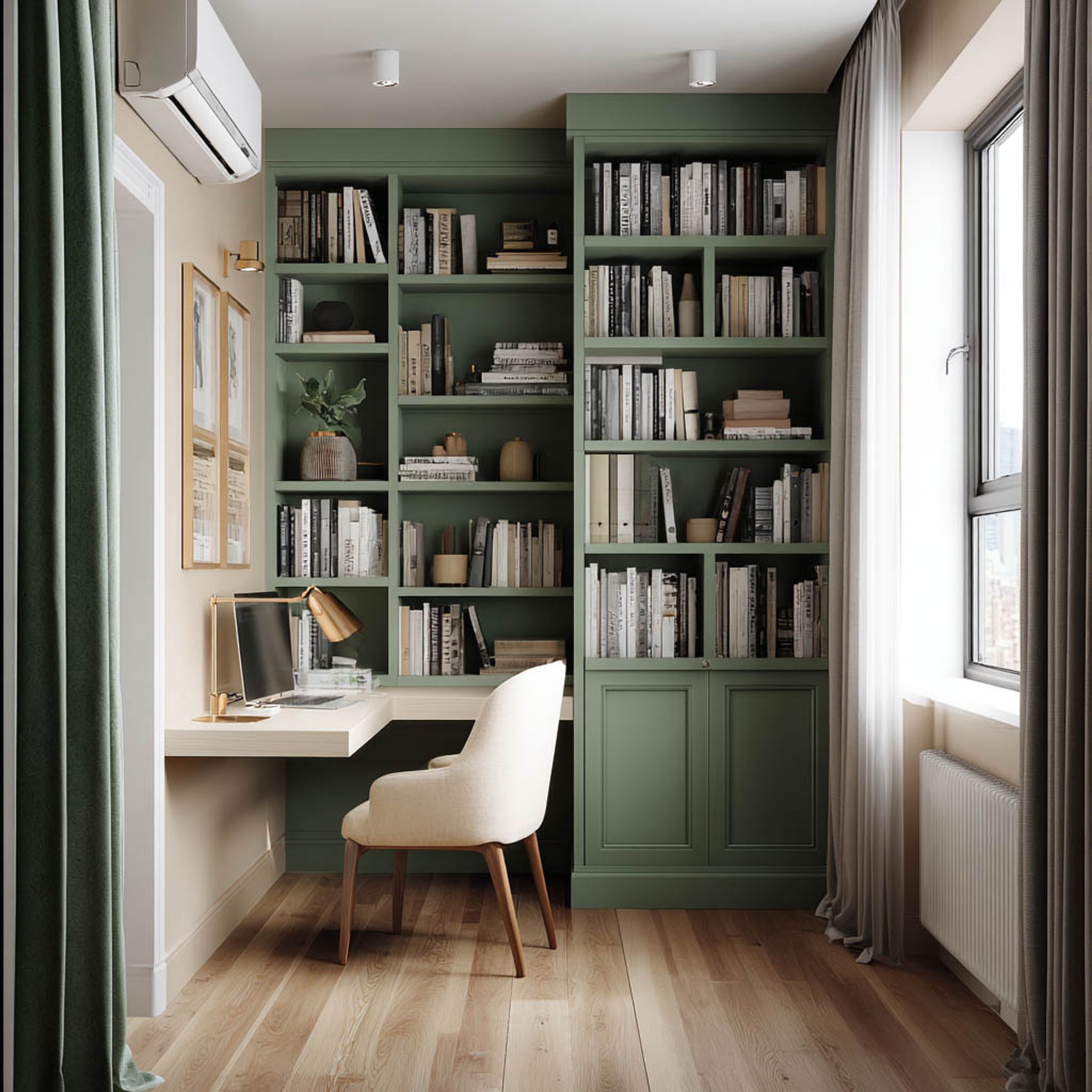 Modern Home Office Design with Floating Desk and Slatted Backdrop