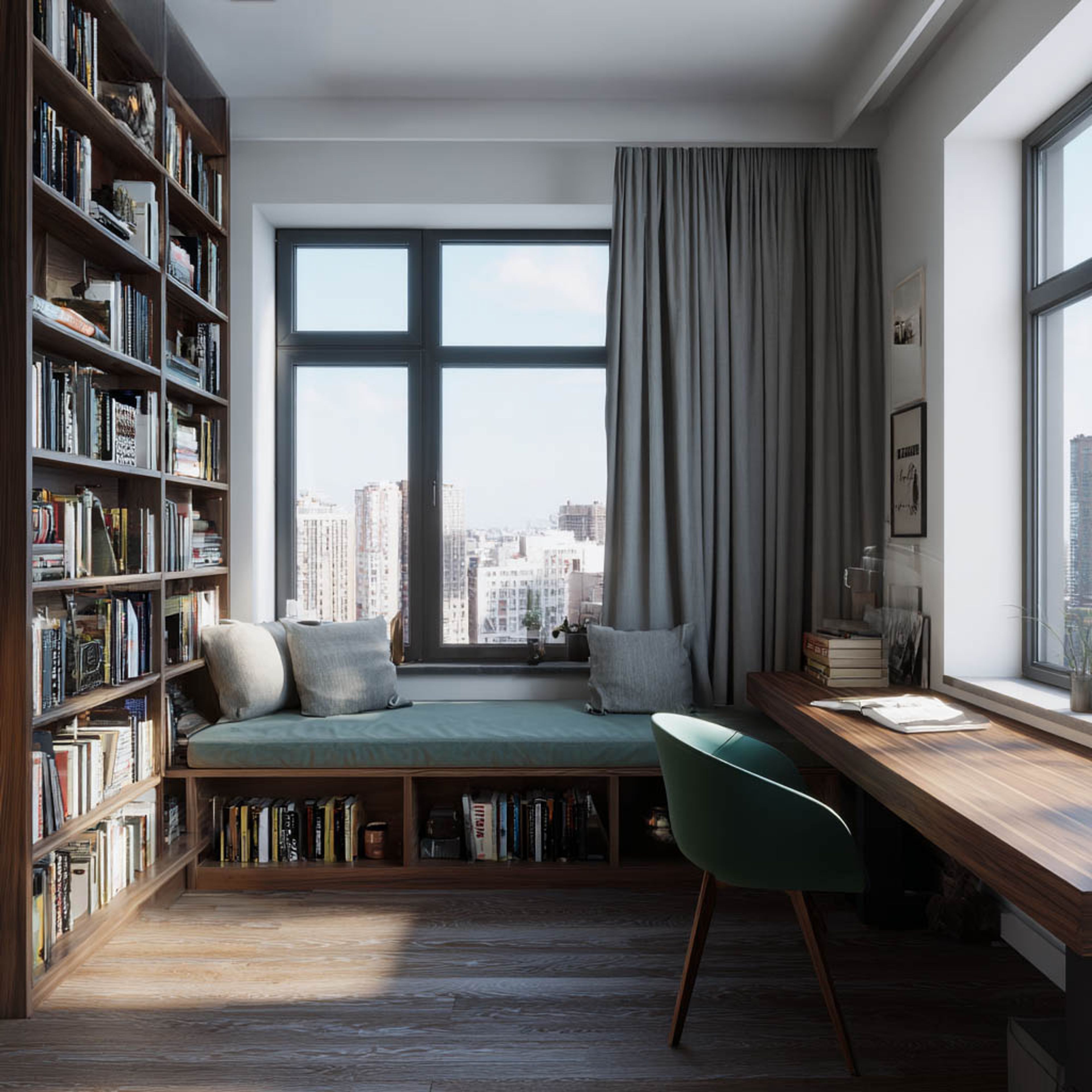 Contemporary Home Office Design with Ergonomic Desk and Full Height Bookcase