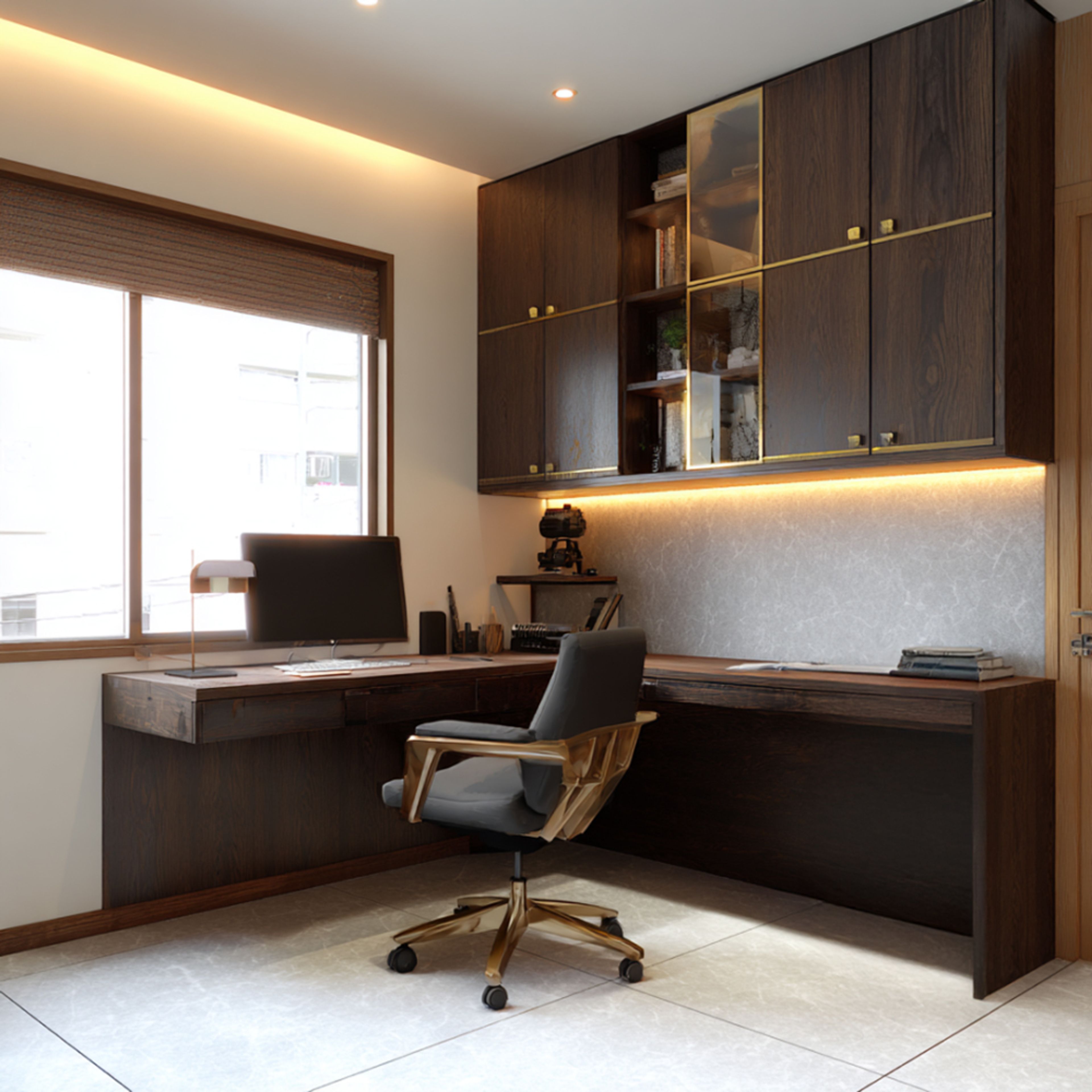 Modern Home Office Design with Wood Desk and Built-in Storage