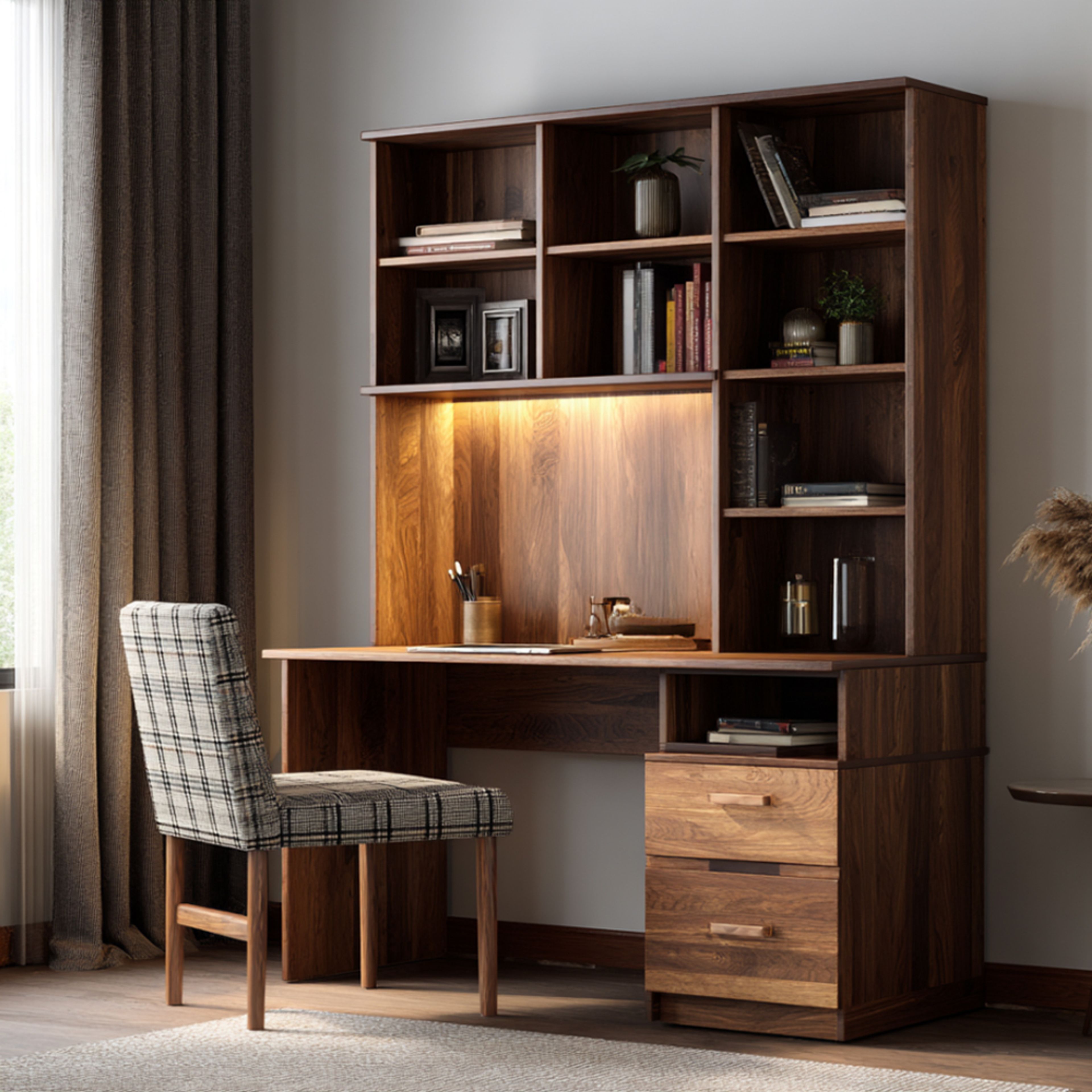 Mid-Century Modern Home Office Design with L-Shaped Desk and Tall Storage