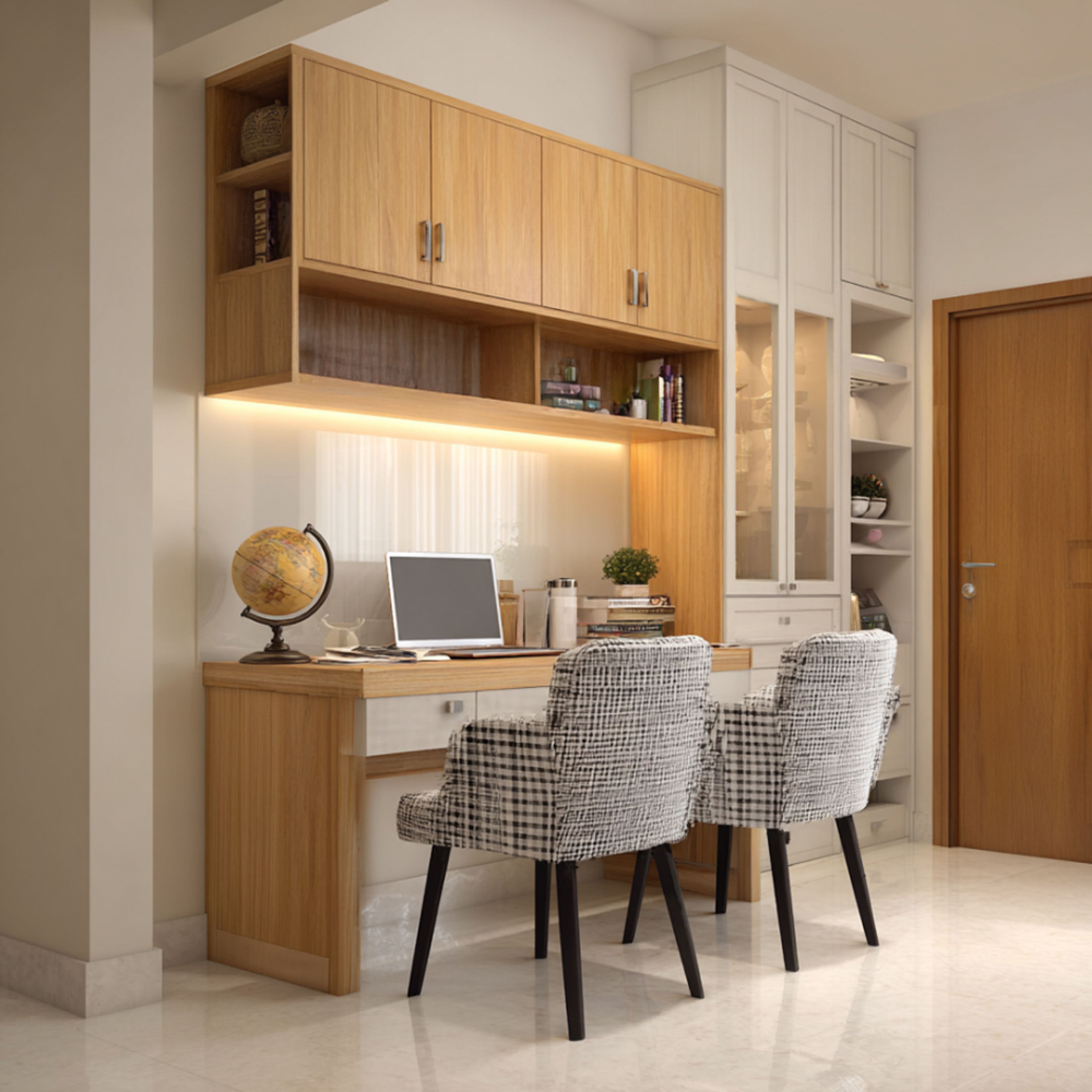 Contemporary Home Office Design with Open Shelving and Two-Tone Desk