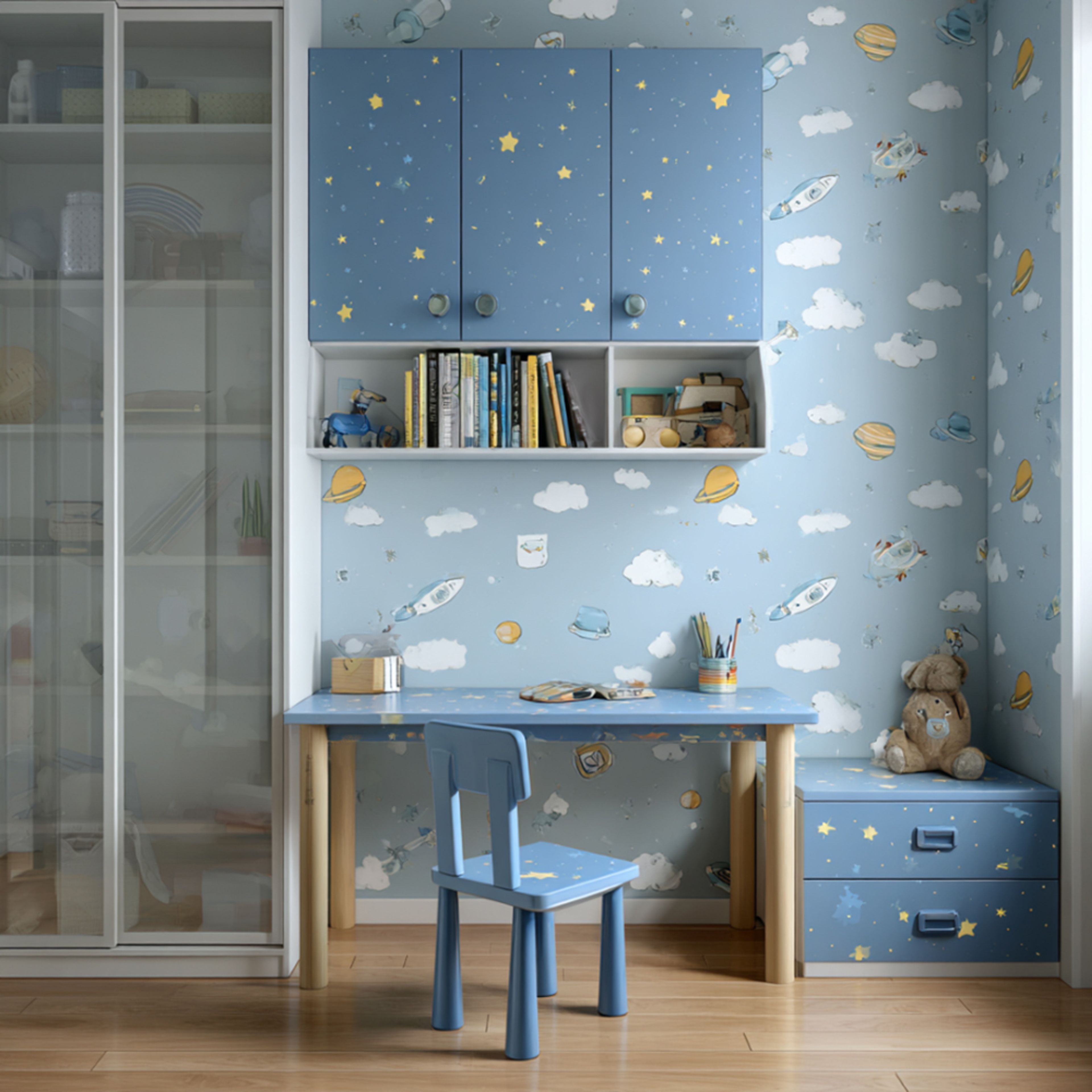Modern Space-Themed Kids Bedroom Wallpaper Design in Soft Blue