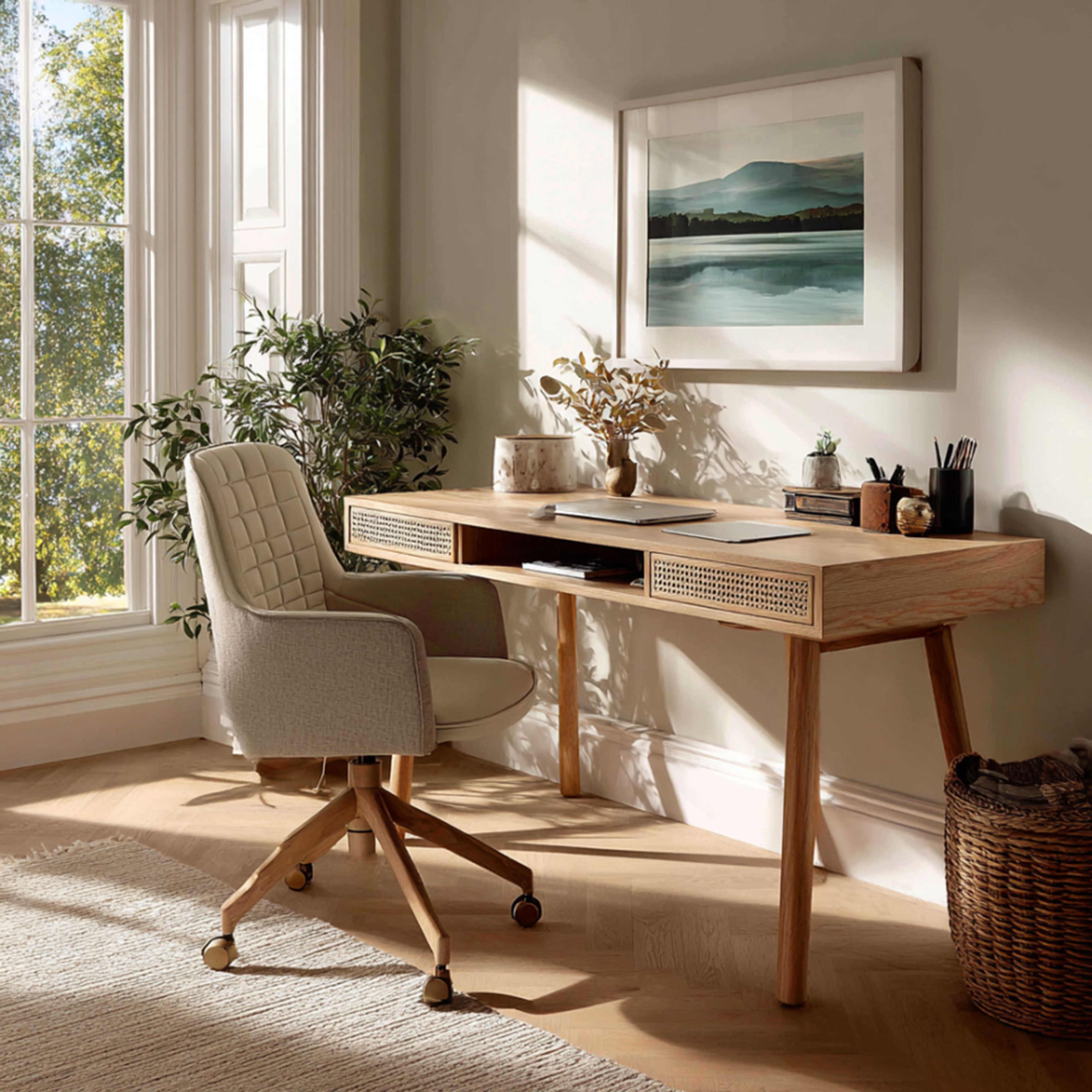 Scandinavian Home Office Design with Minimal Wood Desk and Shelving