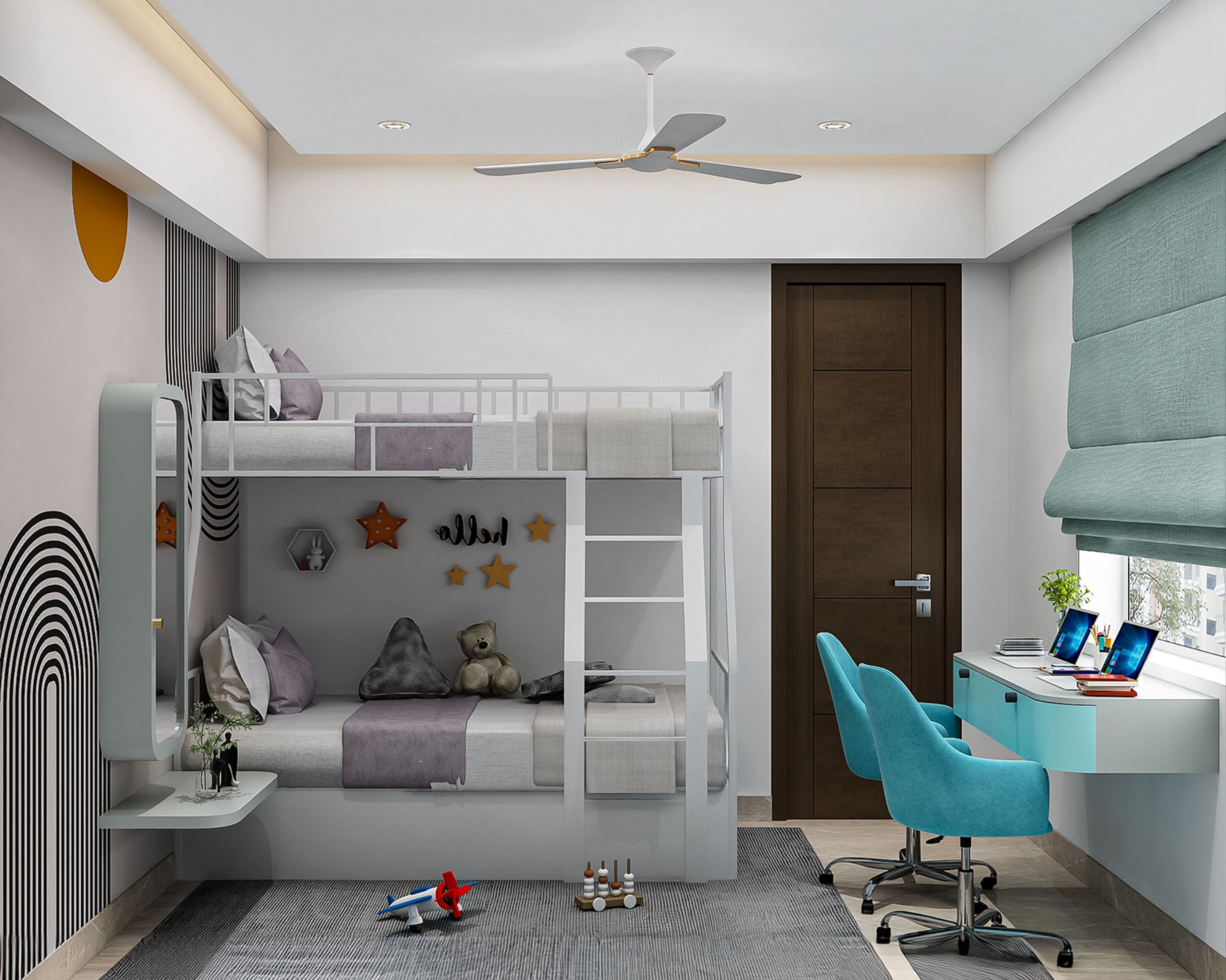 Space Saving Kids Bedroom Bunk Bed Design with Storage and Two-Level Shelves