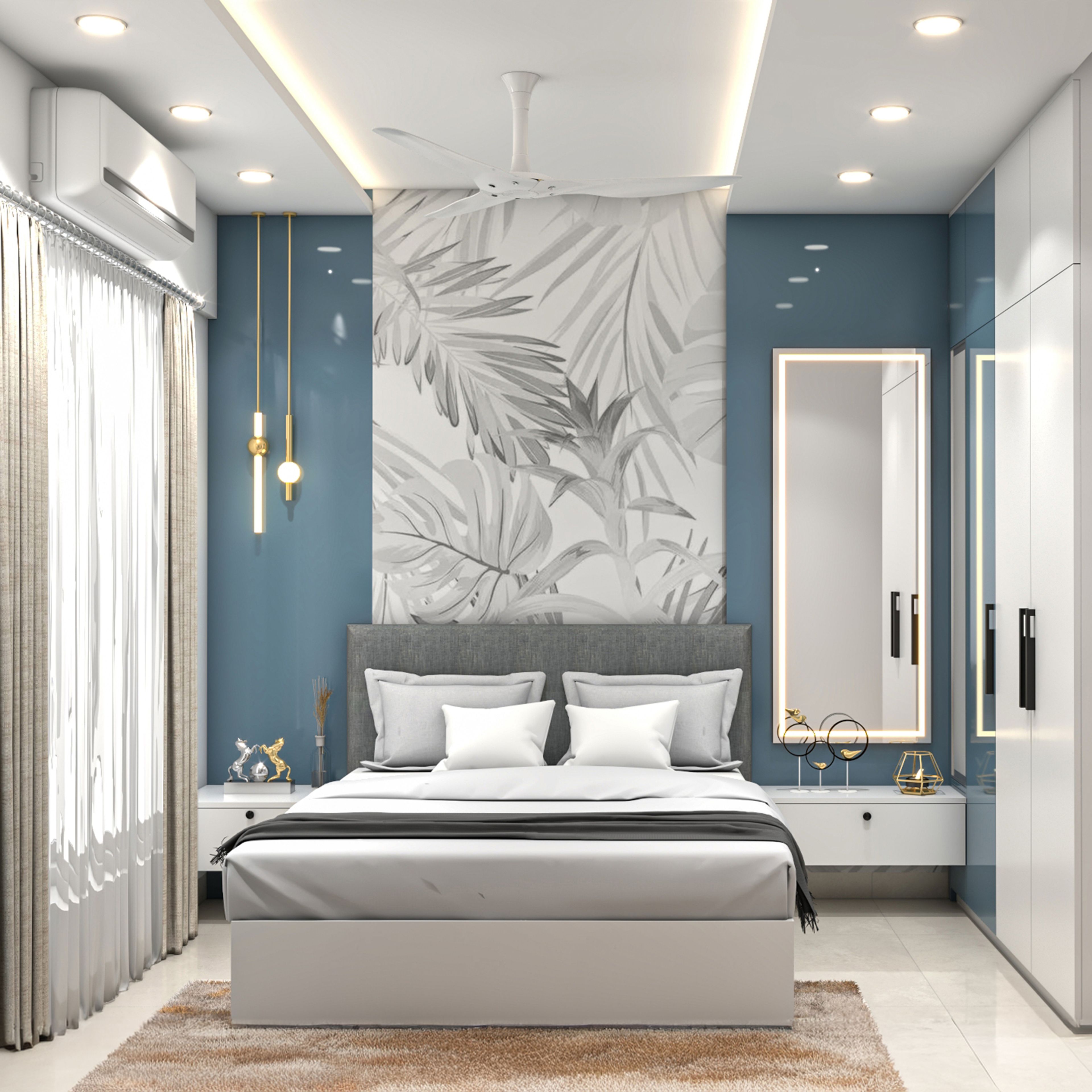 Modern Kids Bedroom Design With Teal Accent Wall, Built-In Wardrobe and Desk