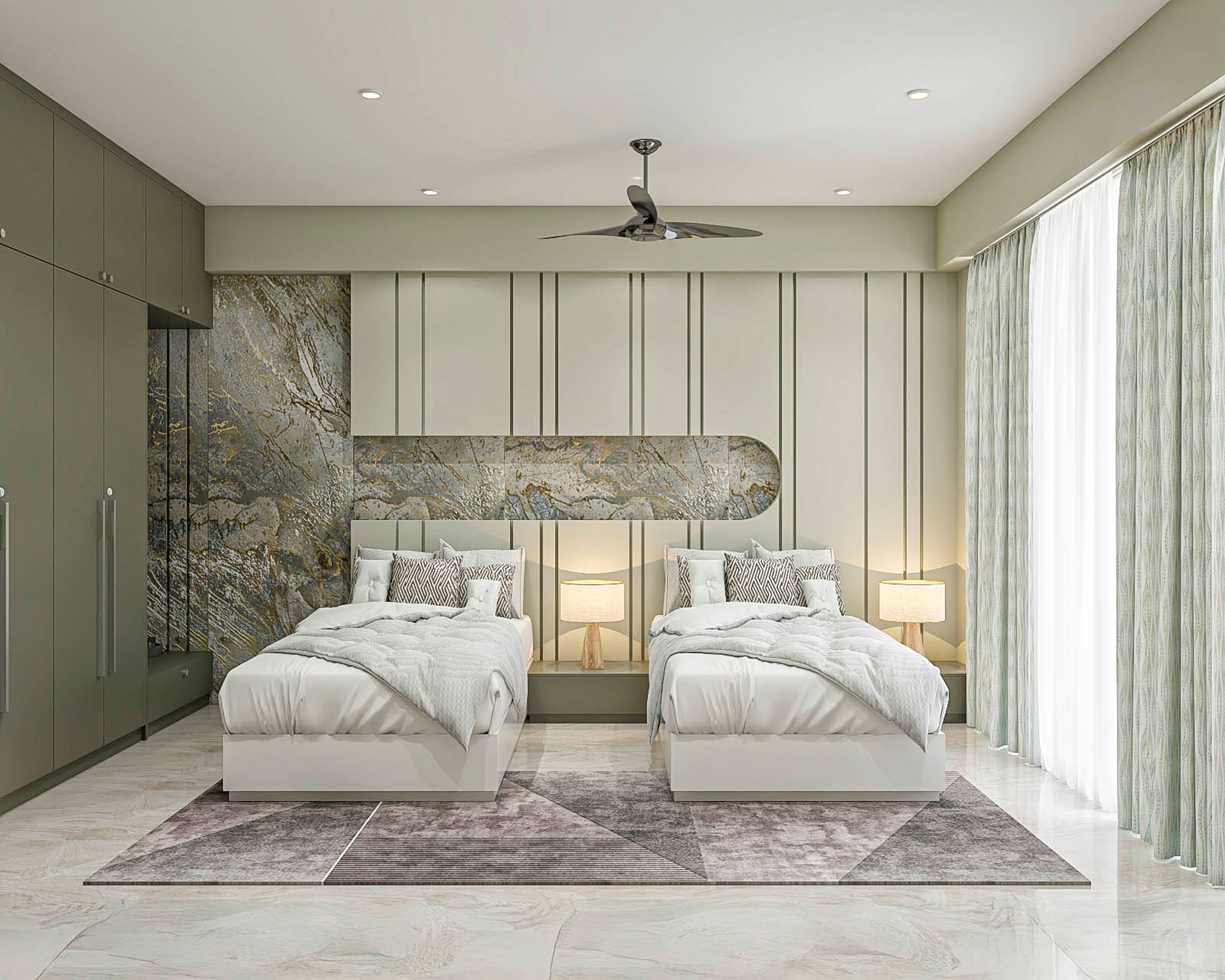 Contemporary Kids Bedroom Design With Twin Beds, Marble-Backlit Headboard and Overhead Cabinets