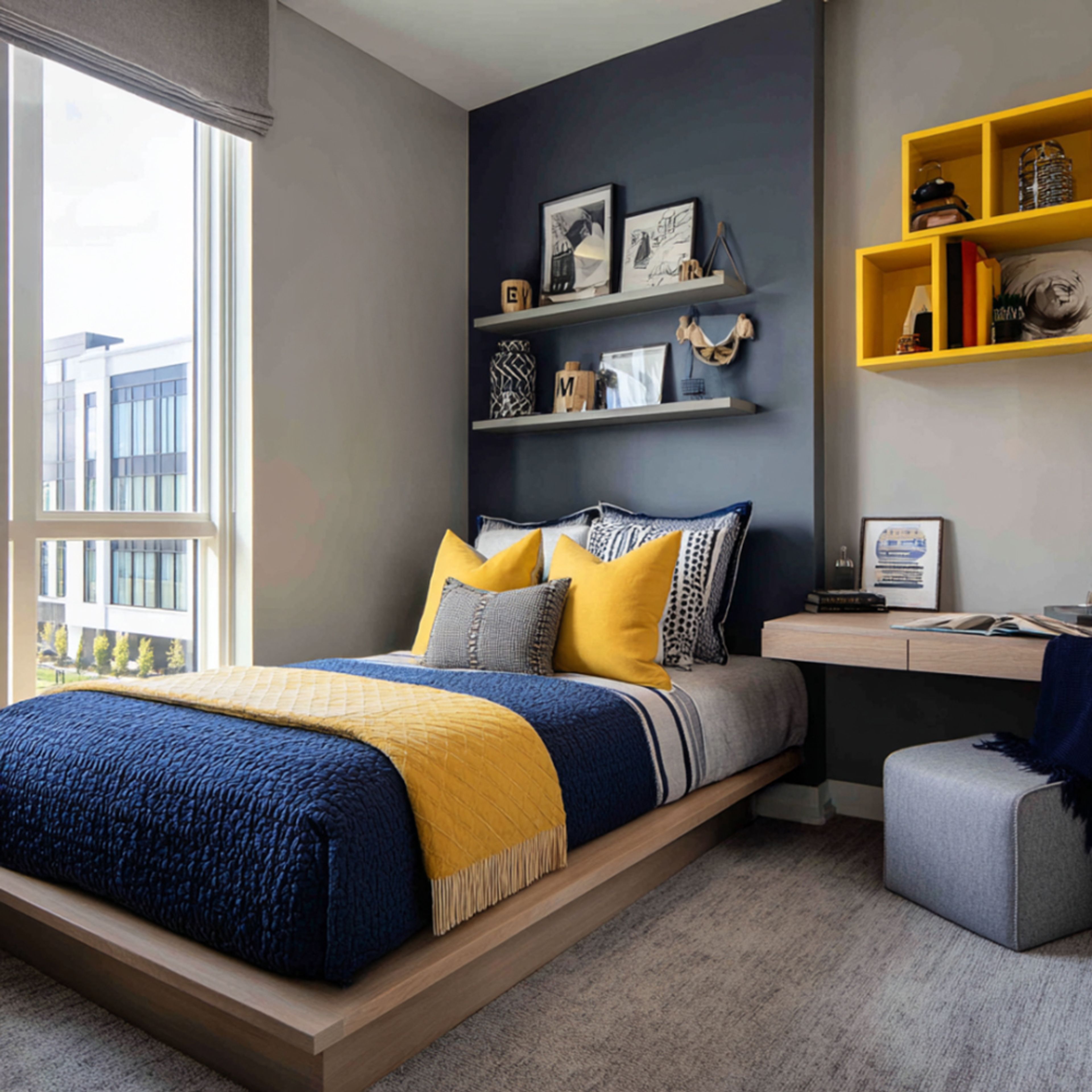 Navy Accent Wall and Yellow Shelves in Kids Bedroom Design